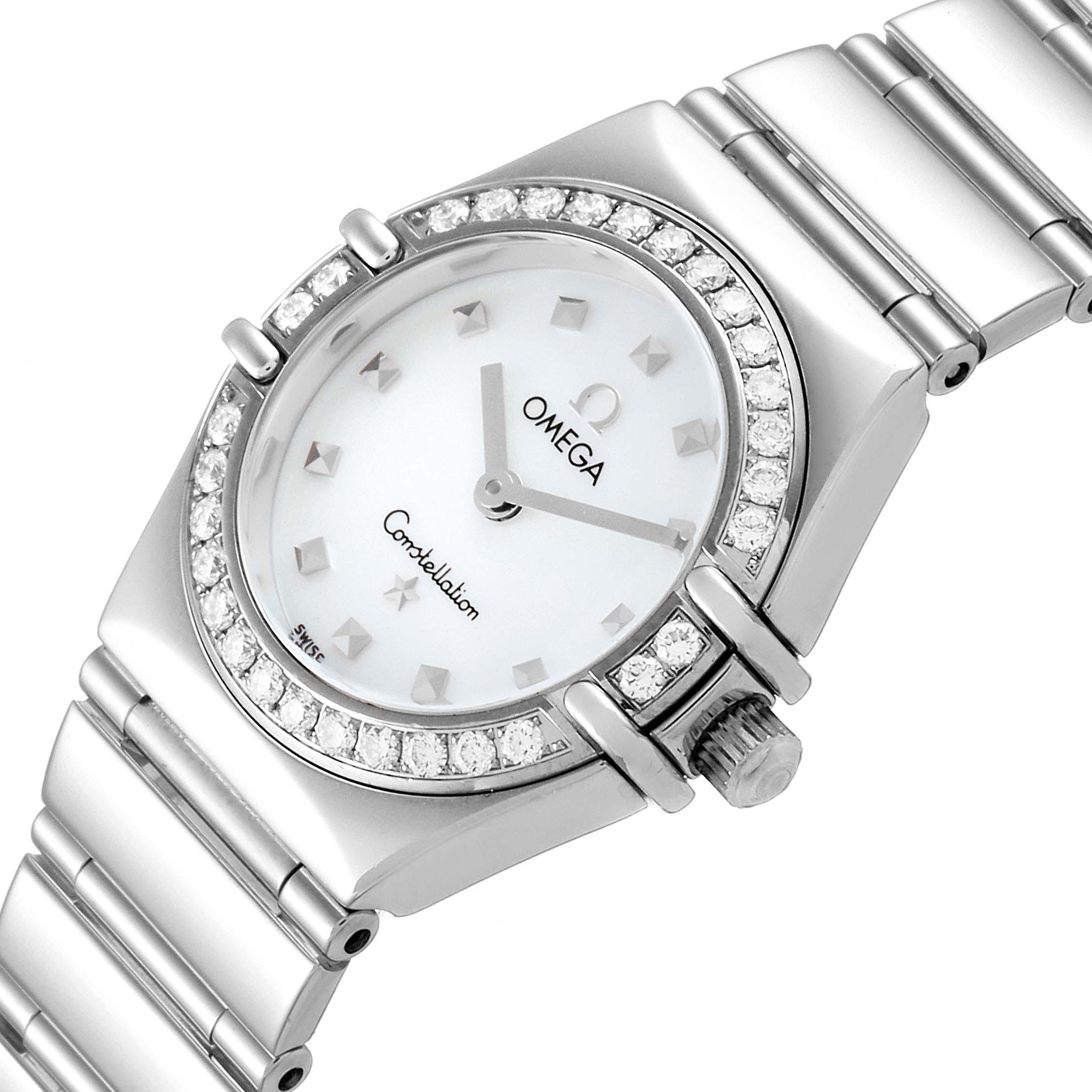 The Omega 1465.71.00 Women
s Stainless Steel Mother of Pearl Dial 1465.71.00 Women
s Stainless Steel Mother of Pearl Dial Constellation My Choice Mini Diamond Steel Ladies Watch 1465.71.00 is shown at an angled side view, displaying the dial, bezel, and bracelet.