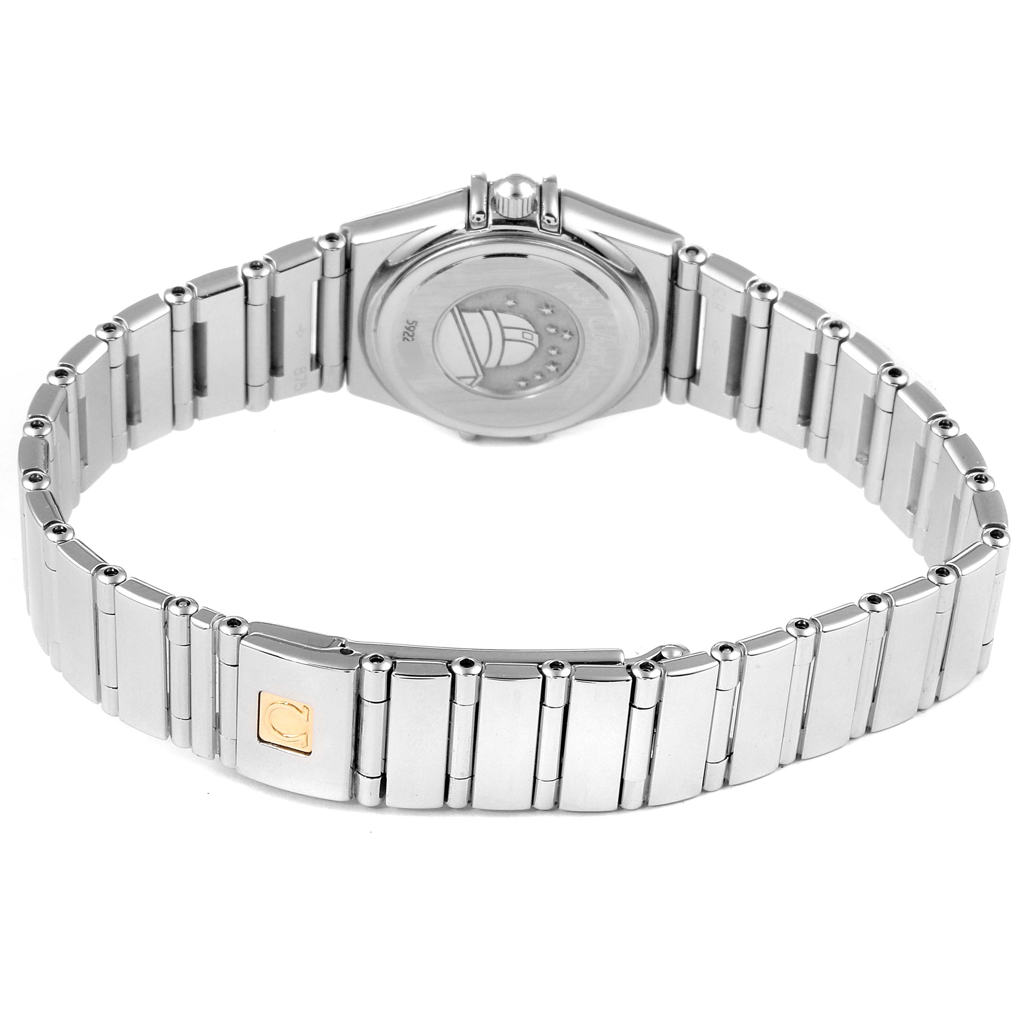 The image shows the back and bracelet of the Omega 1465.71.00 Women
s Stainless Steel Mother of Pearl Dial 1465.71.00 Women
s Stainless Steel Mother of Pearl Dial Constellation My Choice Mini Diamond Steel Ladies Watch 1465.71.00.