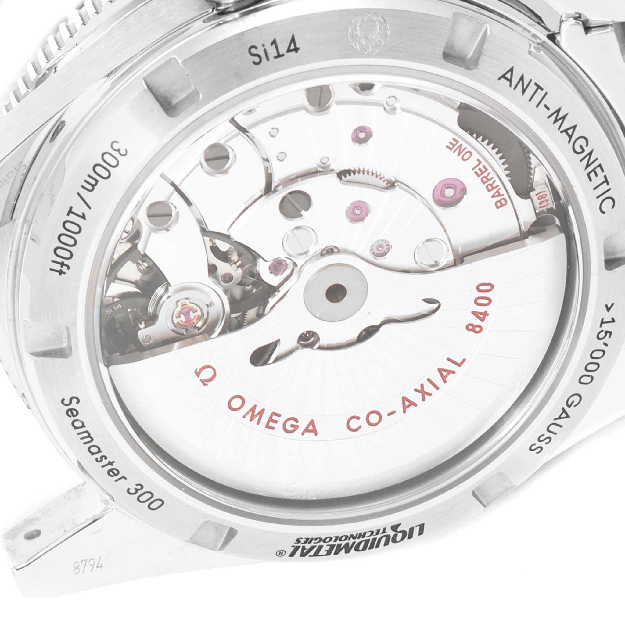 The image shows the back view of the Omega Seamaster 233.30.41.21.01.001  Men
s Stainless Steel Black Dial 233.30.41.21.01.001  Men
s Stainless Steel Black Dial 300, highlighting its co-axial 8400 movement and anti-magnetic features.