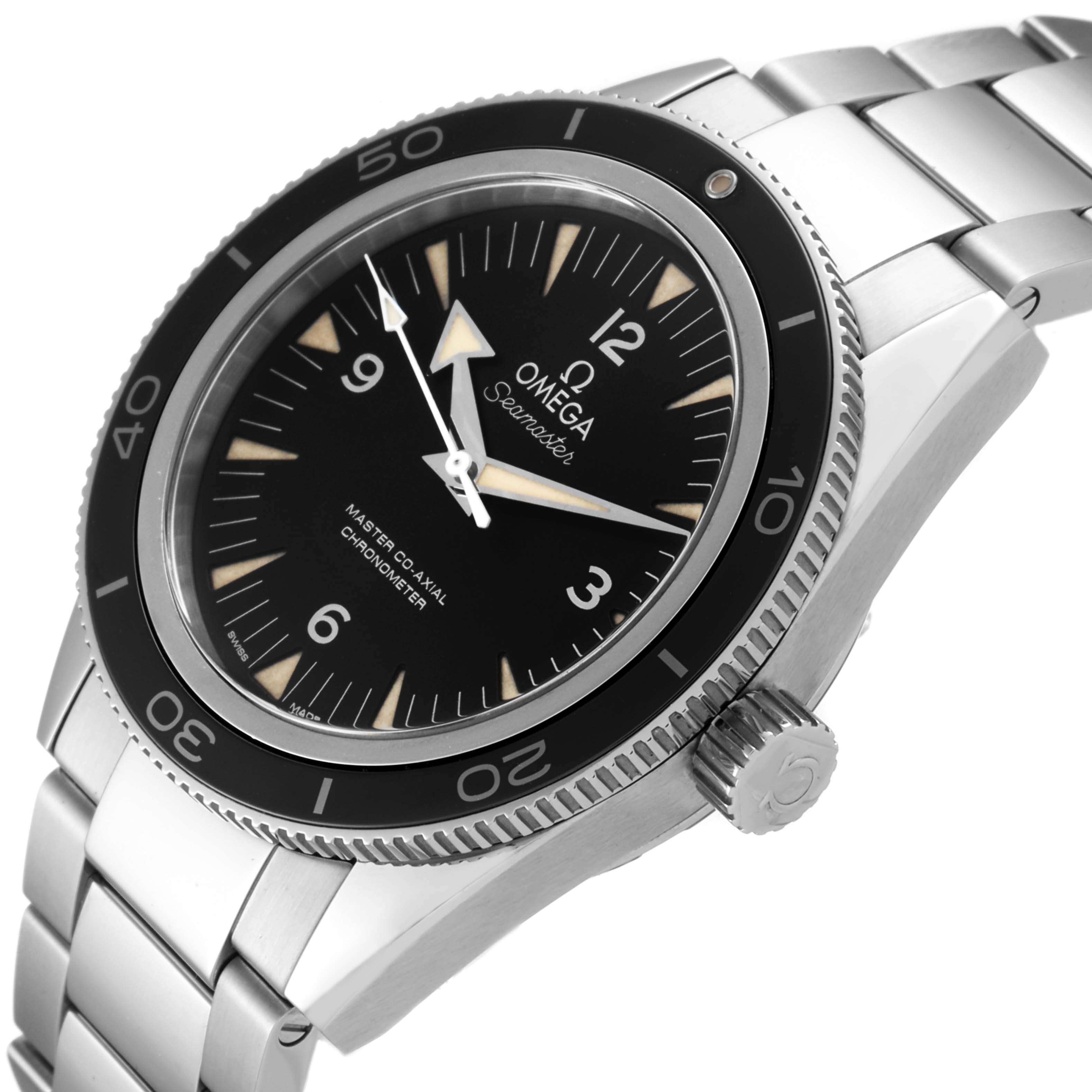 This image shows an Omega Seamaster 233.30.41.21.01.001  Men
s Stainless Steel Black Dial 233.30.41.21.01.001  Men
s Stainless Steel Black Dial watch at an angle, highlighting the face, bezel, bracelet, and crown.