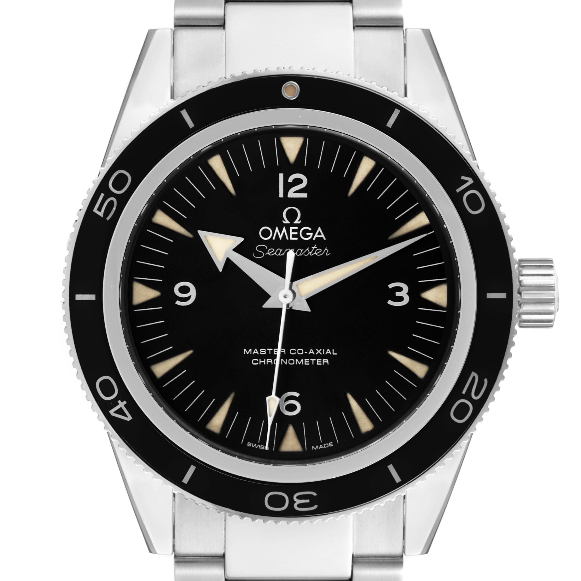 The image shows a front view of an Omega Seamaster 233.30.41.21.01.001  Men
s Stainless Steel Black Dial 233.30.41.21.01.001  Men
s Stainless Steel Black Dial watch, highlighting the dial, bezel, and part of the bracelet.