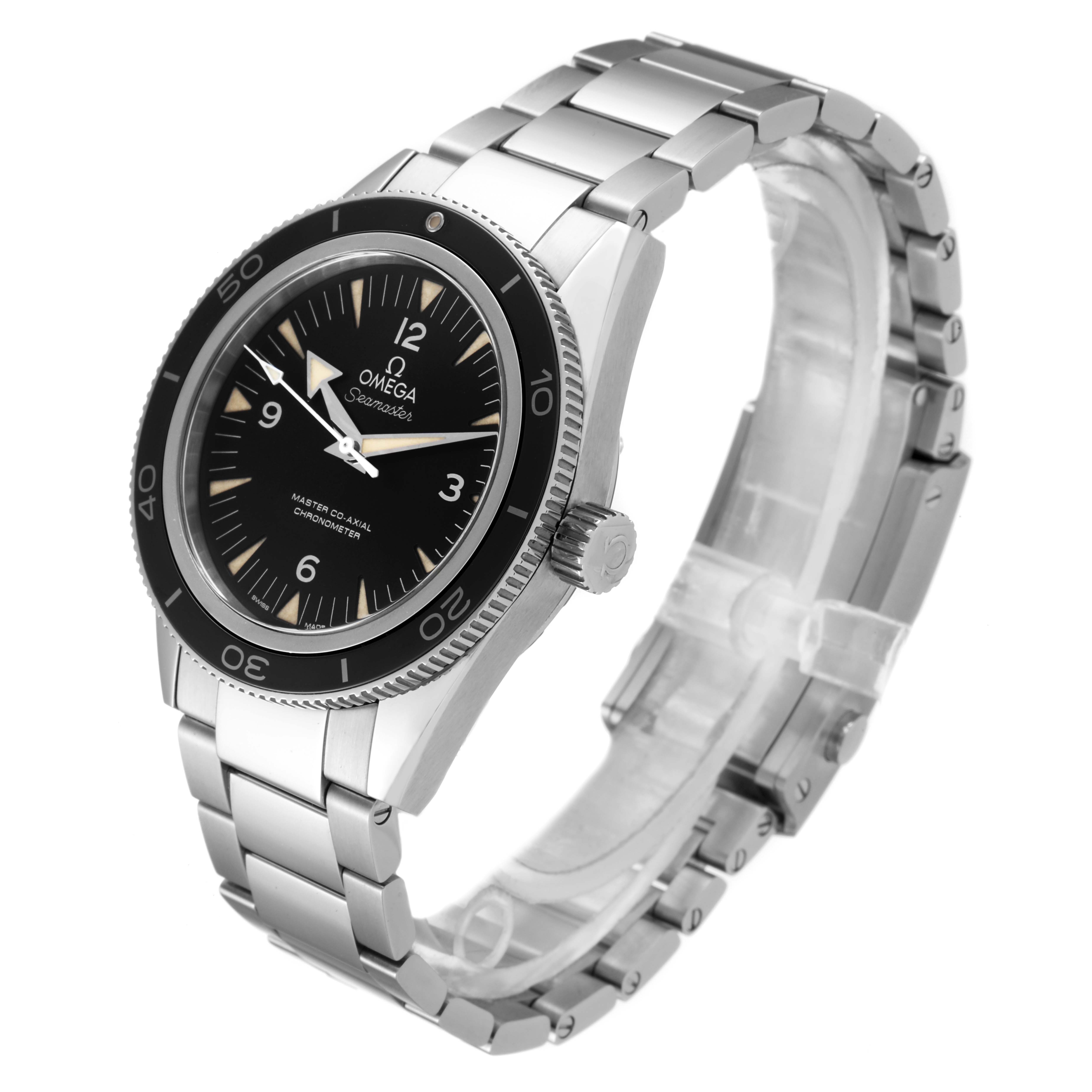 The Omega Seamaster 233.30.41.21.01.001  Men
s Stainless Steel Black Dial 233.30.41.21.01.001  Men
s Stainless Steel Black Dial watch is shown at a three-quarter angle, highlighting its face, bezel, crown, and stainless steel bracelet.