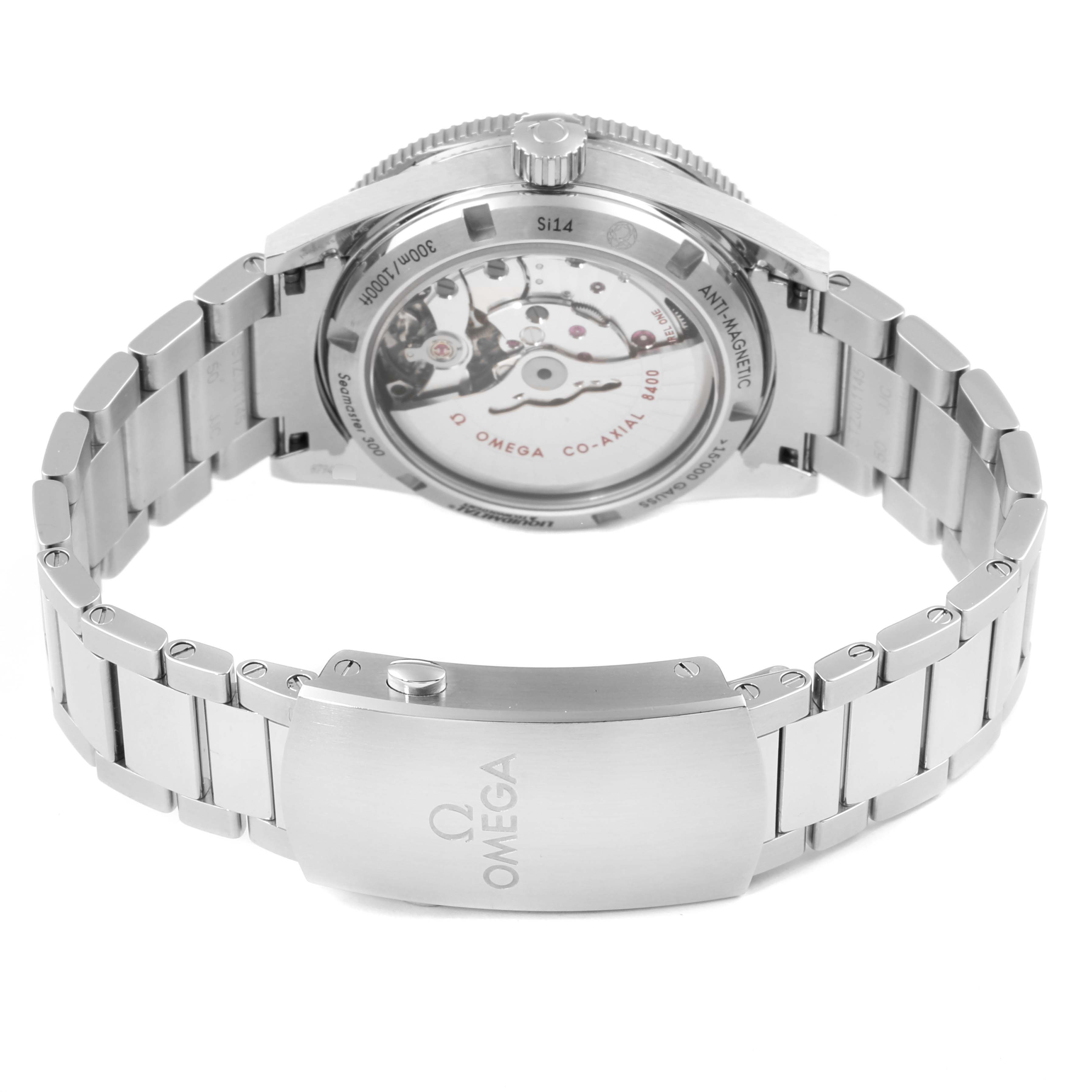 The image shows the back view of the Omega Seamaster 233.30.41.21.01.001  Men
s Stainless Steel Black Dial 233.30.41.21.01.001  Men
s Stainless Steel Black Dial watch, highlighting its bracelet and open case back revealing the movement.