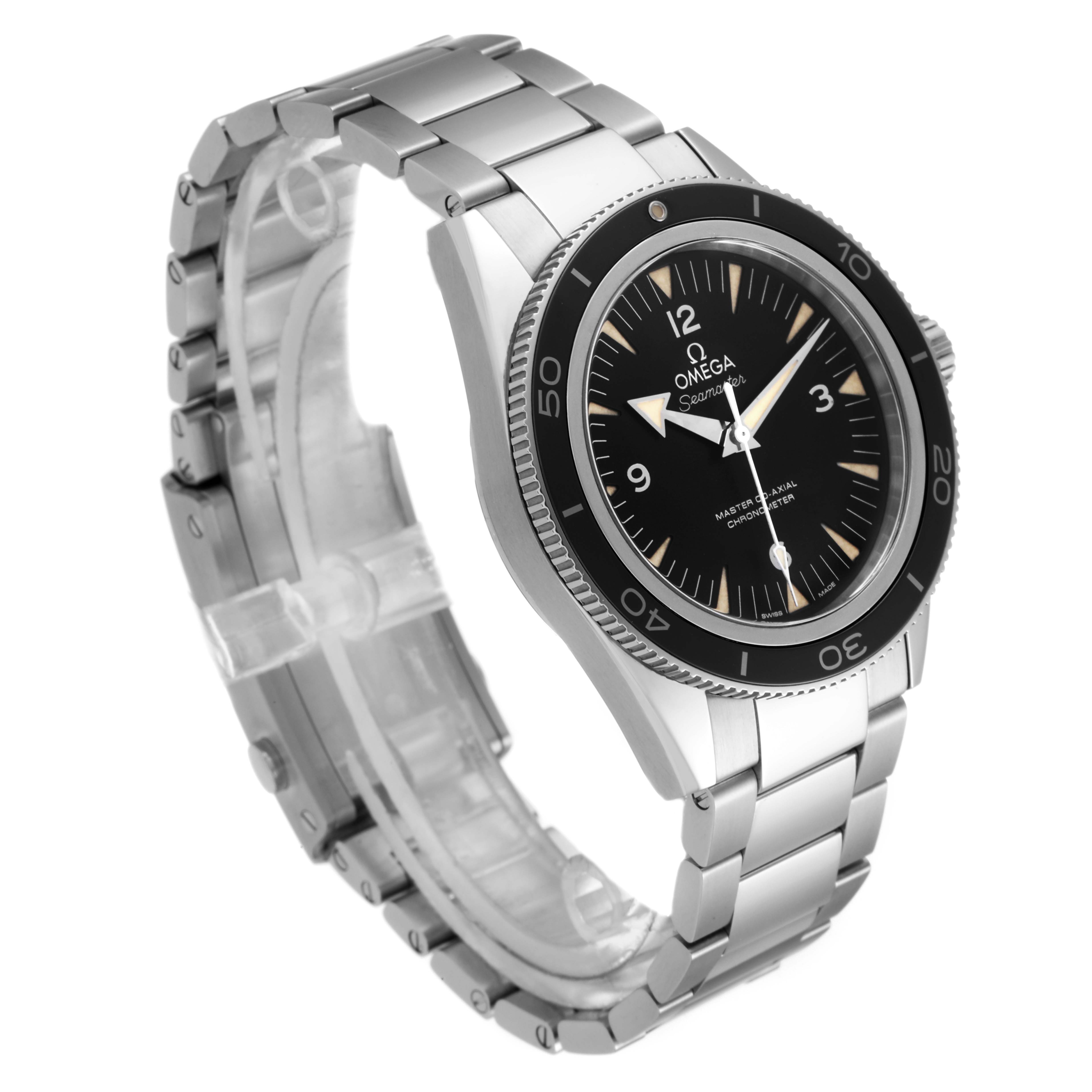 The image shows a side-angle view of an Omega Seamaster 233.30.41.21.01.001  Men
s Stainless Steel Black Dial 233.30.41.21.01.001  Men
s Stainless Steel Black Dial watch, highlighting the metal bracelet, bezel, and dial.