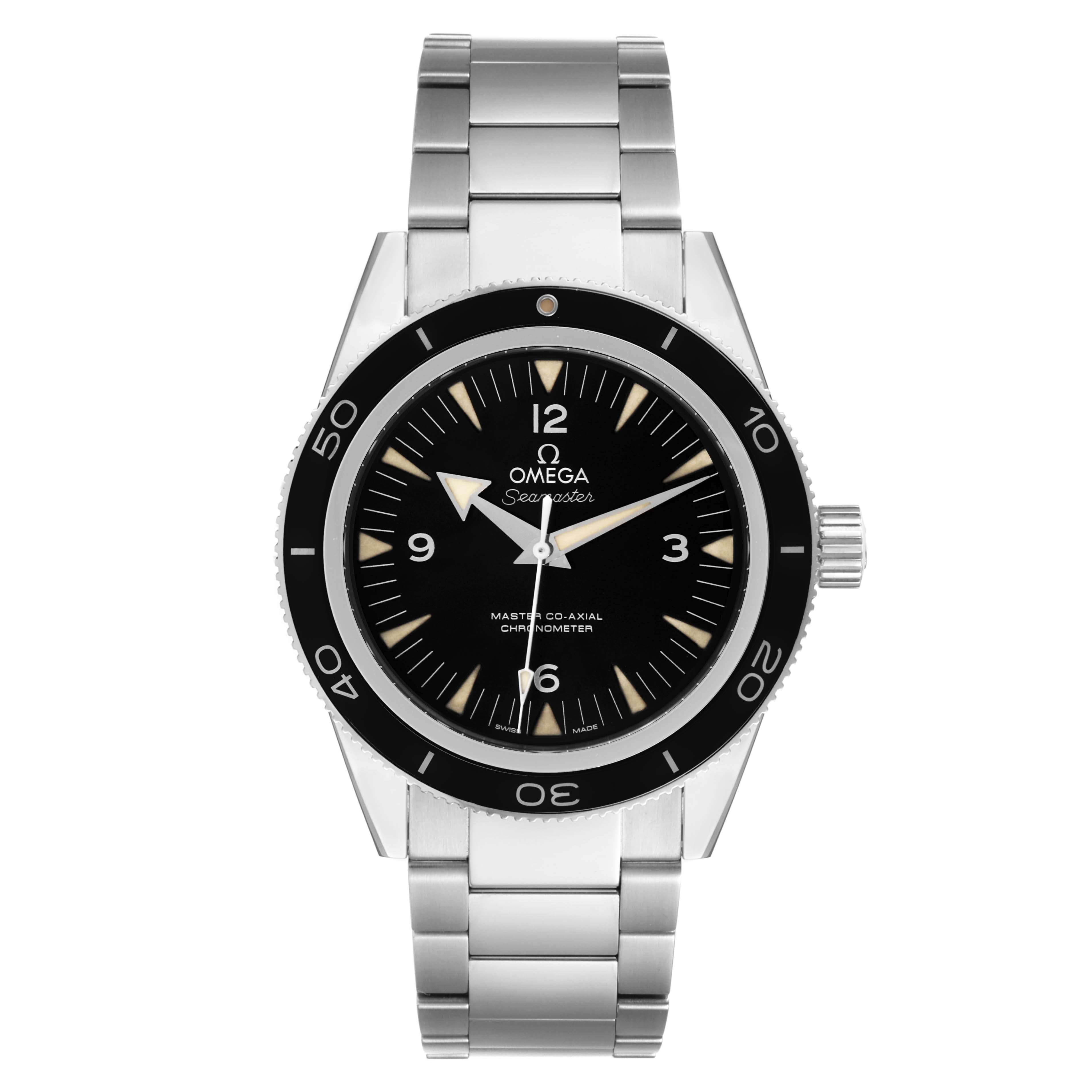 This image shows a front view of the Omega Seamaster 233.30.41.21.01.001  Men
s Stainless Steel Black Dial 233.30.41.21.01.001  Men
s Stainless Steel Black Dial watch, displaying the face, bezel, and stainless steel bracelet.