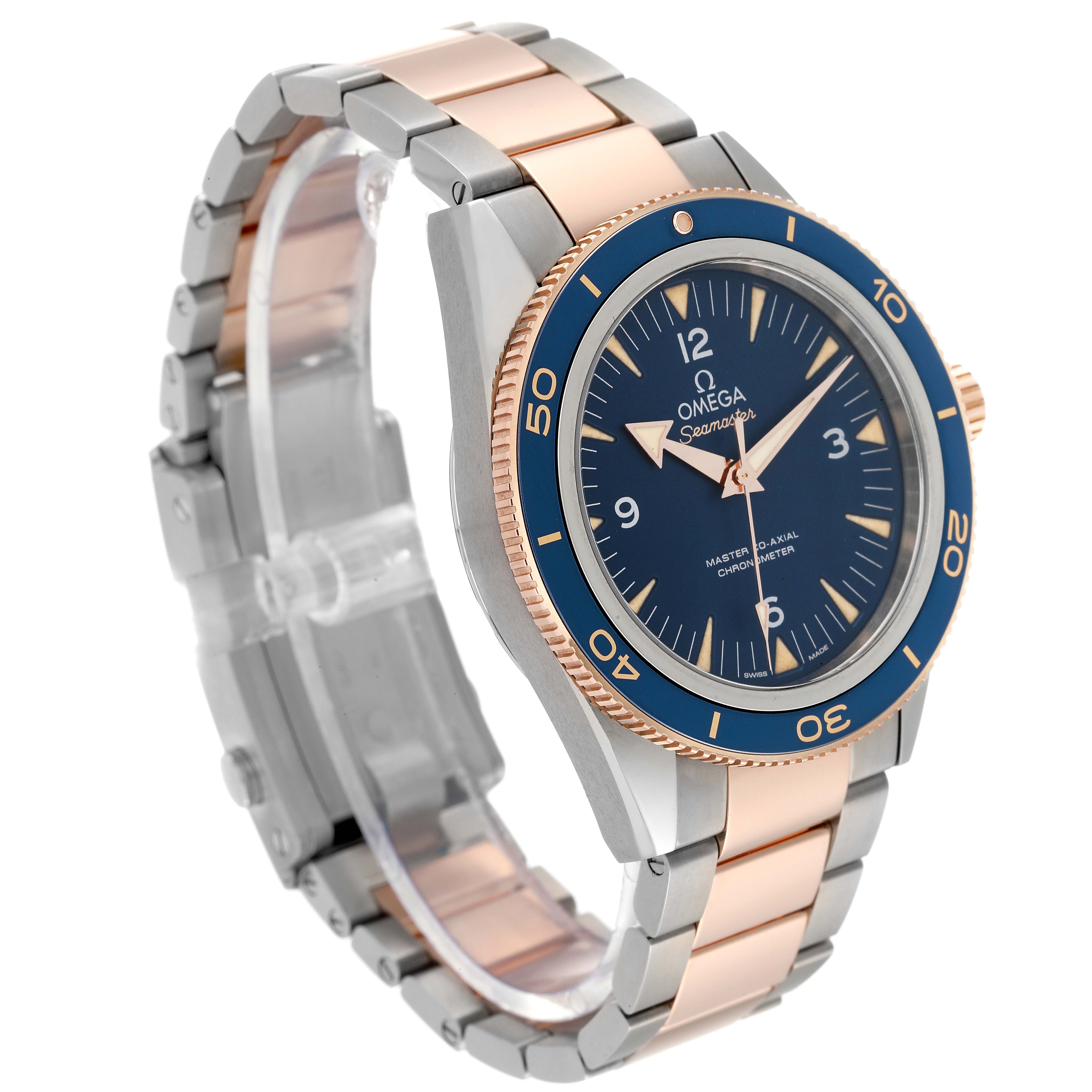 The Omega Seamaster 233.60.41.21.03.001 Men's Steel and Gold (two tone) Blue Dial 233.60.41.21.03.001 Men's Steel and Gold (two tone) Blue Dial watch is shown at a slight angle, displaying the face, bezel, and part of the bracelet with a blend of silver and rose gold.