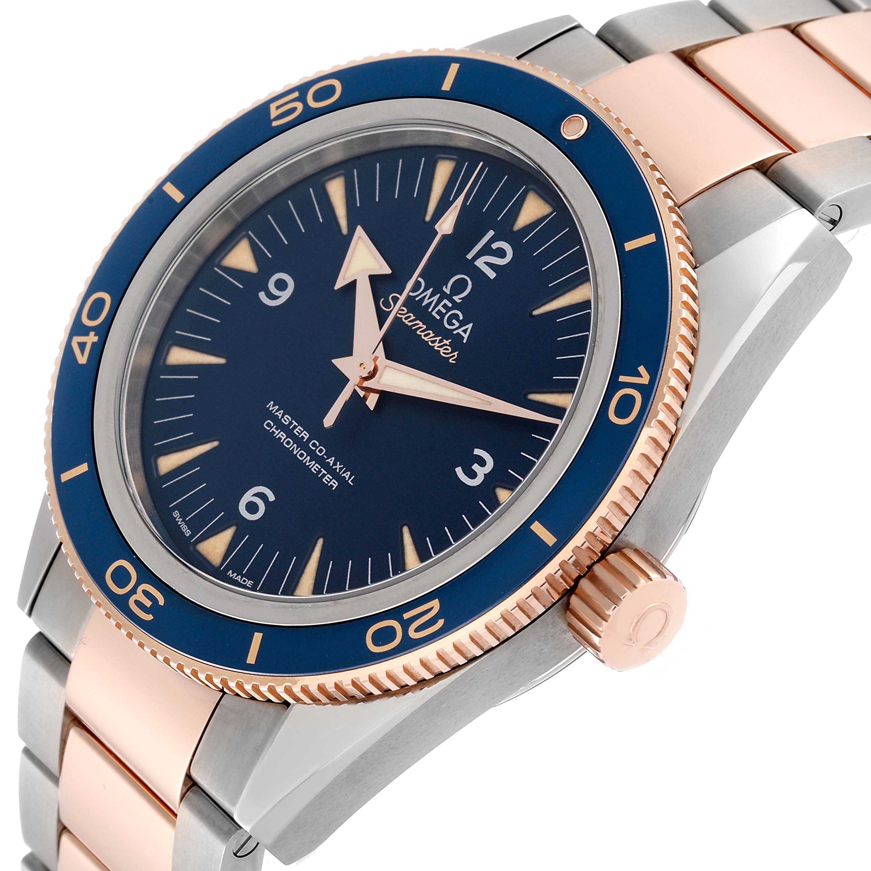 The image shows an angled view of an Omega Seamaster 233.60.41.21.03.001 Men's Steel and Gold (two tone) Blue Dial 233.60.41.21.03.001 Men's Steel and Gold (two tone) Blue Dial watch, highlighting the blue bezel, crown, and two-tone bracelet.