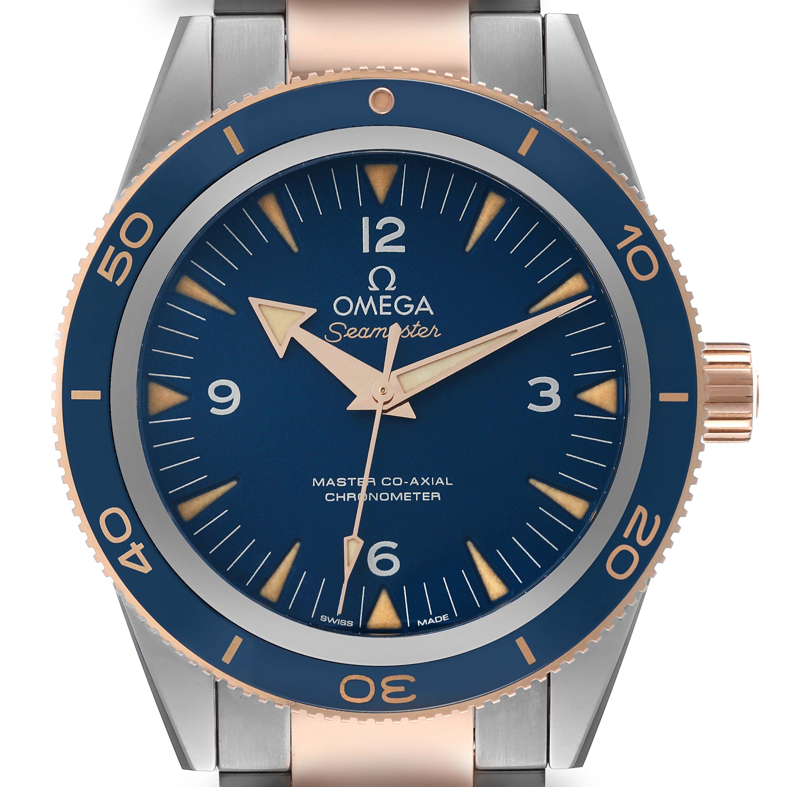 The image shows a front view of the Omega Seamaster 233.60.41.21.03.001 Men's Steel and Gold (two tone) Blue Dial 233.60.41.21.03.001 Men's Steel and Gold (two tone) Blue Dial watch, highlighting its blue dial, bezel, and part of the metal bracelet.