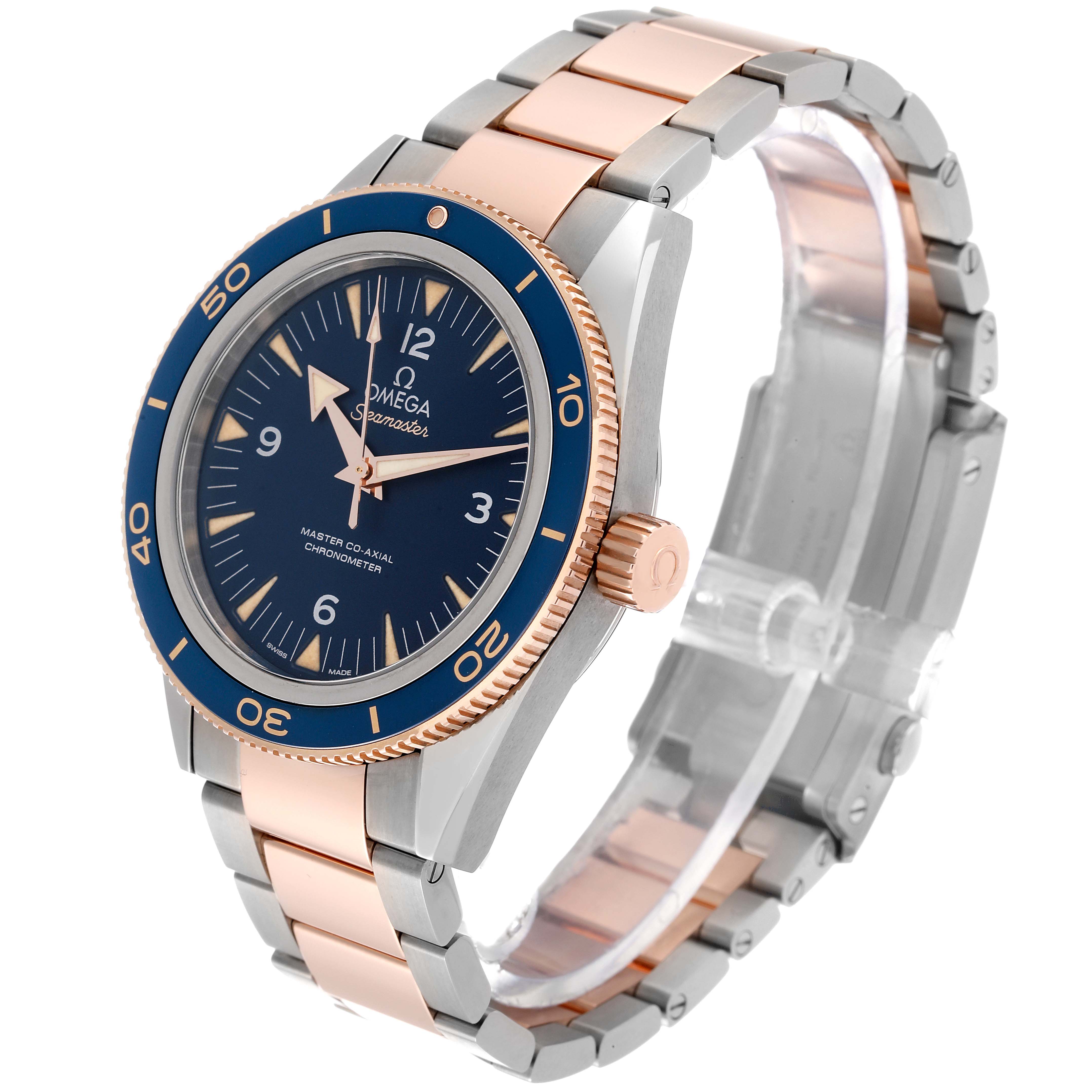 The Omega Seamaster 233.60.41.21.03.001 Men's Steel and Gold (two tone) Blue Dial 233.60.41.21.03.001 Men's Steel and Gold (two tone) Blue Dial watch is shown at a three-quarter angle, highlighting the bezel, dial, crown, and two-tone metal bracelet.