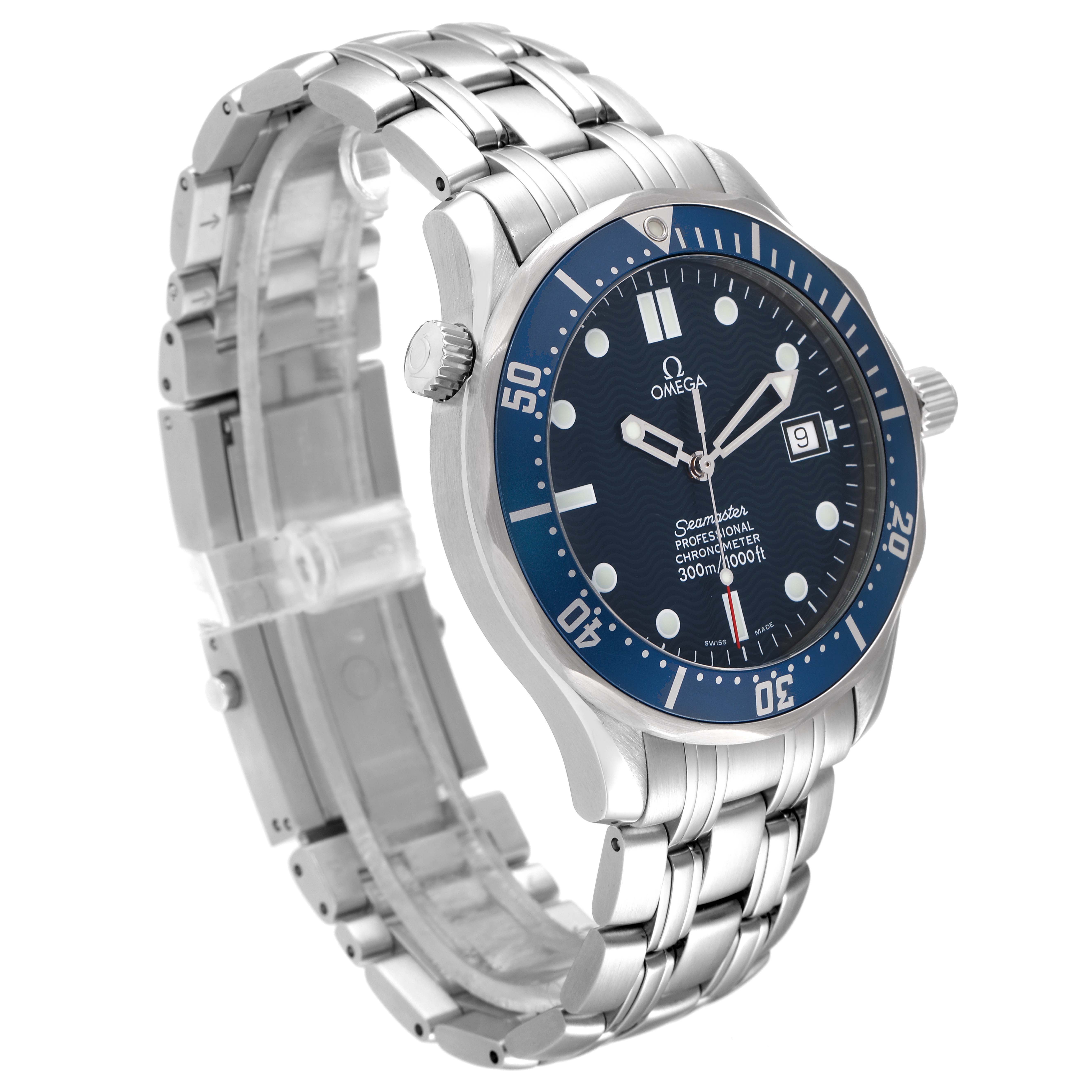 The image shows an angled view of an Omega Seamaster 2531.80.00 Men's Stainless Steel Blue Dial 2531.80.00 Men's Stainless Steel Blue Dial watch, displaying its face, bezel, and stainless steel bracelet.