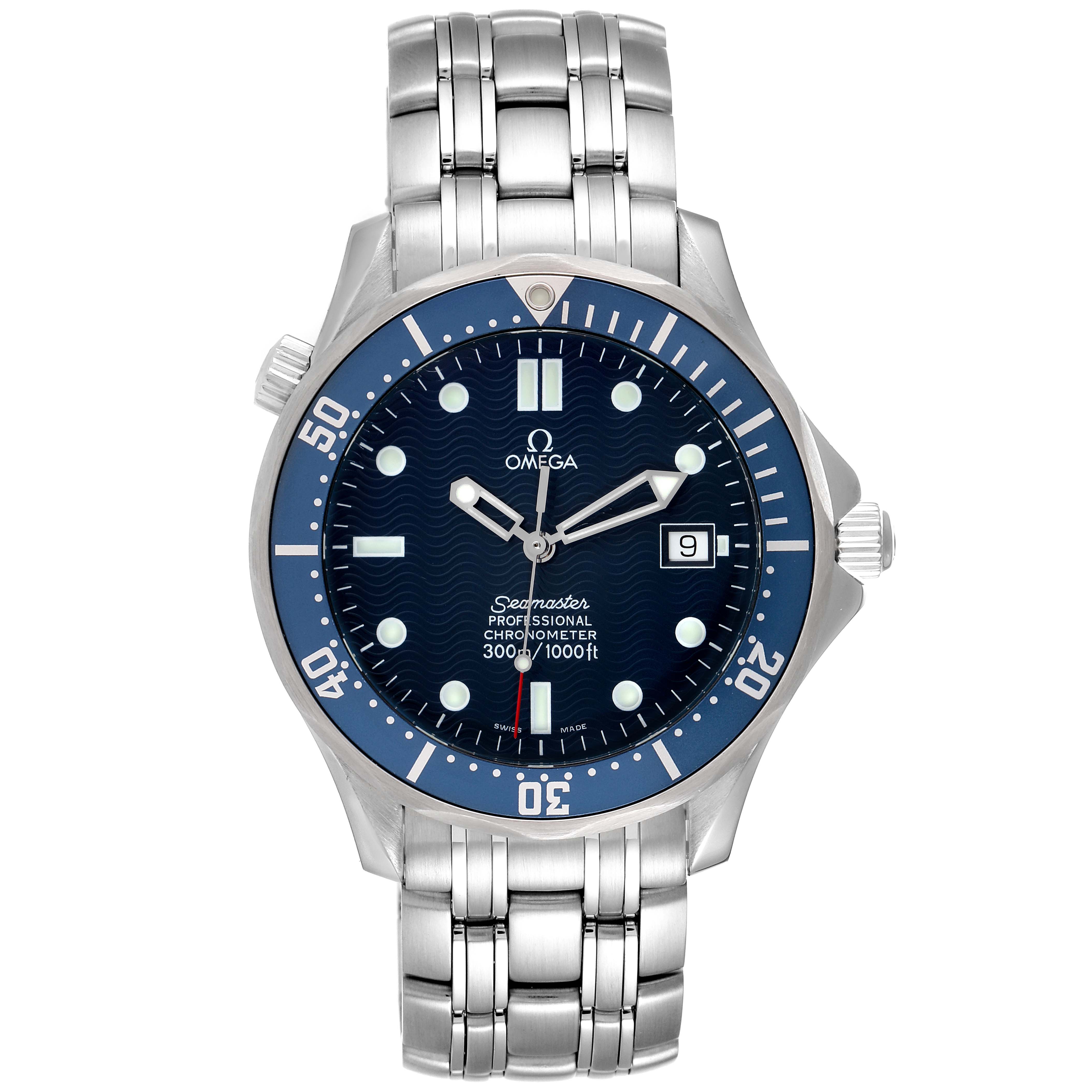 The image shows a front view of the Omega Seamaster 2531.80.00 Men's Stainless Steel Blue Dial 2531.80.00 Men's Stainless Steel Blue Dial watch, displaying its face, bezel, and stainless steel bracelet.