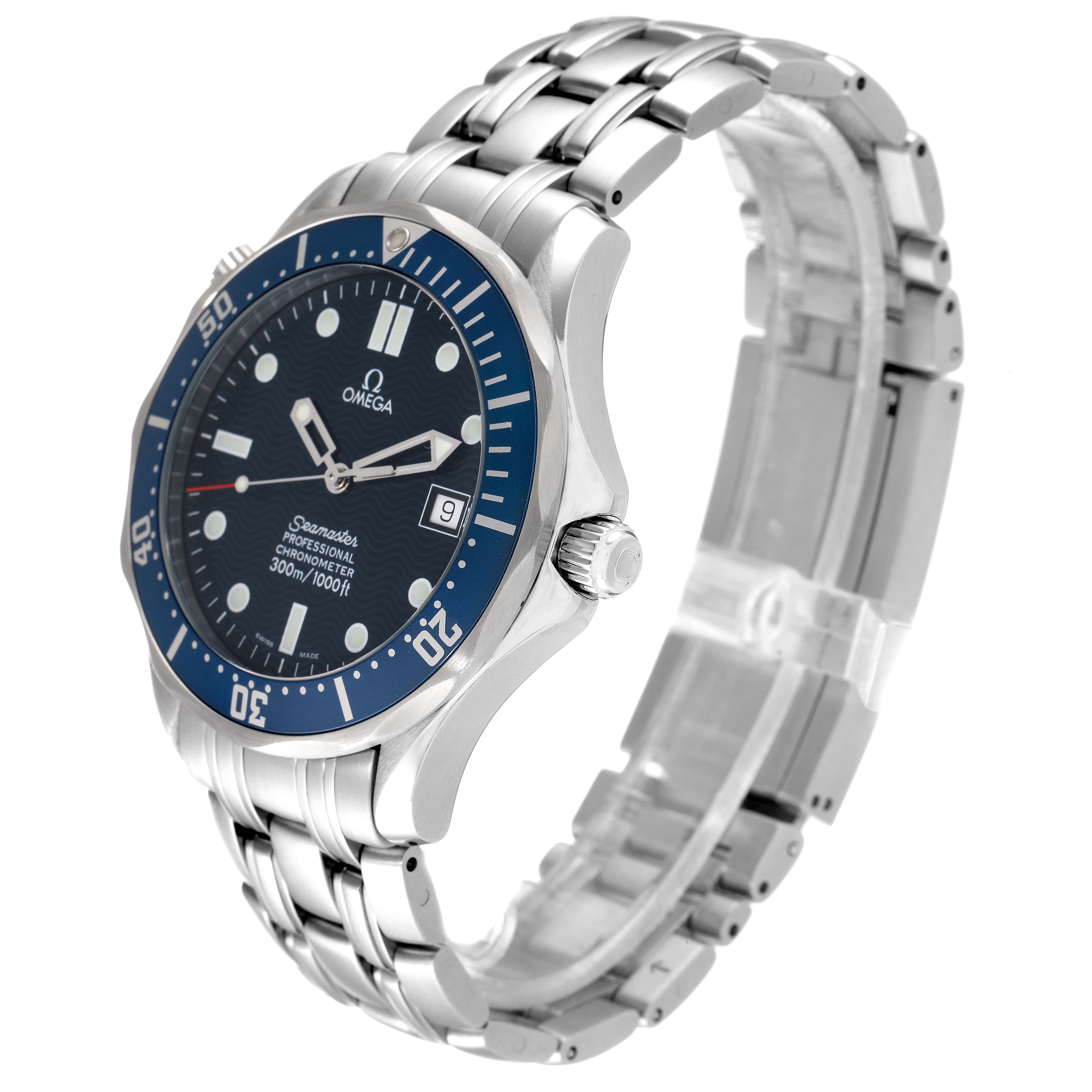 The Omega Seamaster 2531.80.00 Men's Stainless Steel Blue Dial 2531.80.00 Men's Stainless Steel Blue Dial watch is shown at an angle displaying the face, bezel, crown, and stainless steel bracelet.