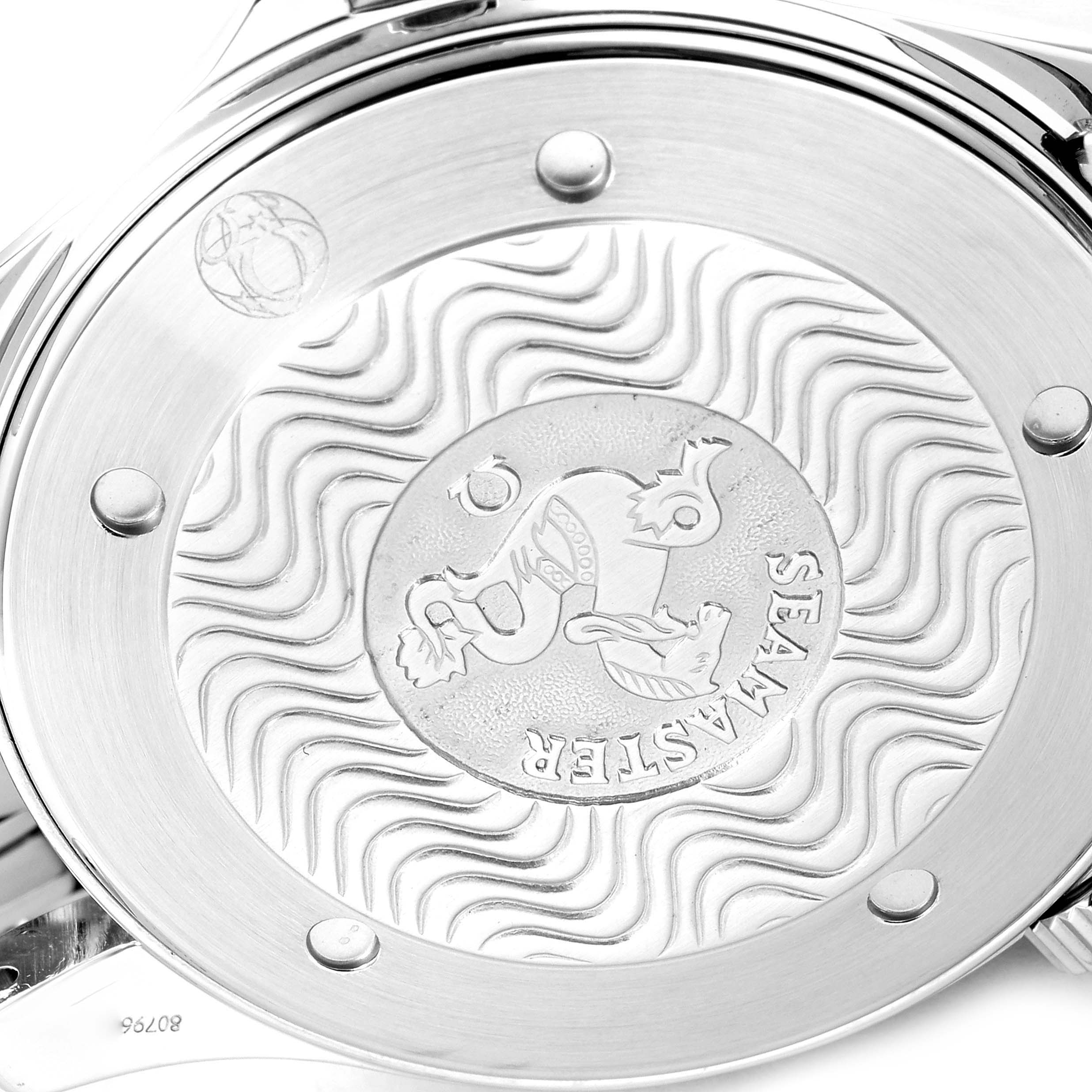 The image shows the case back of the Omega Seamaster 2531.80.00 Men's Stainless Steel Blue Dial 2531.80.00 Men's Stainless Steel Blue Dial watch viewed from a nearly flat angle.