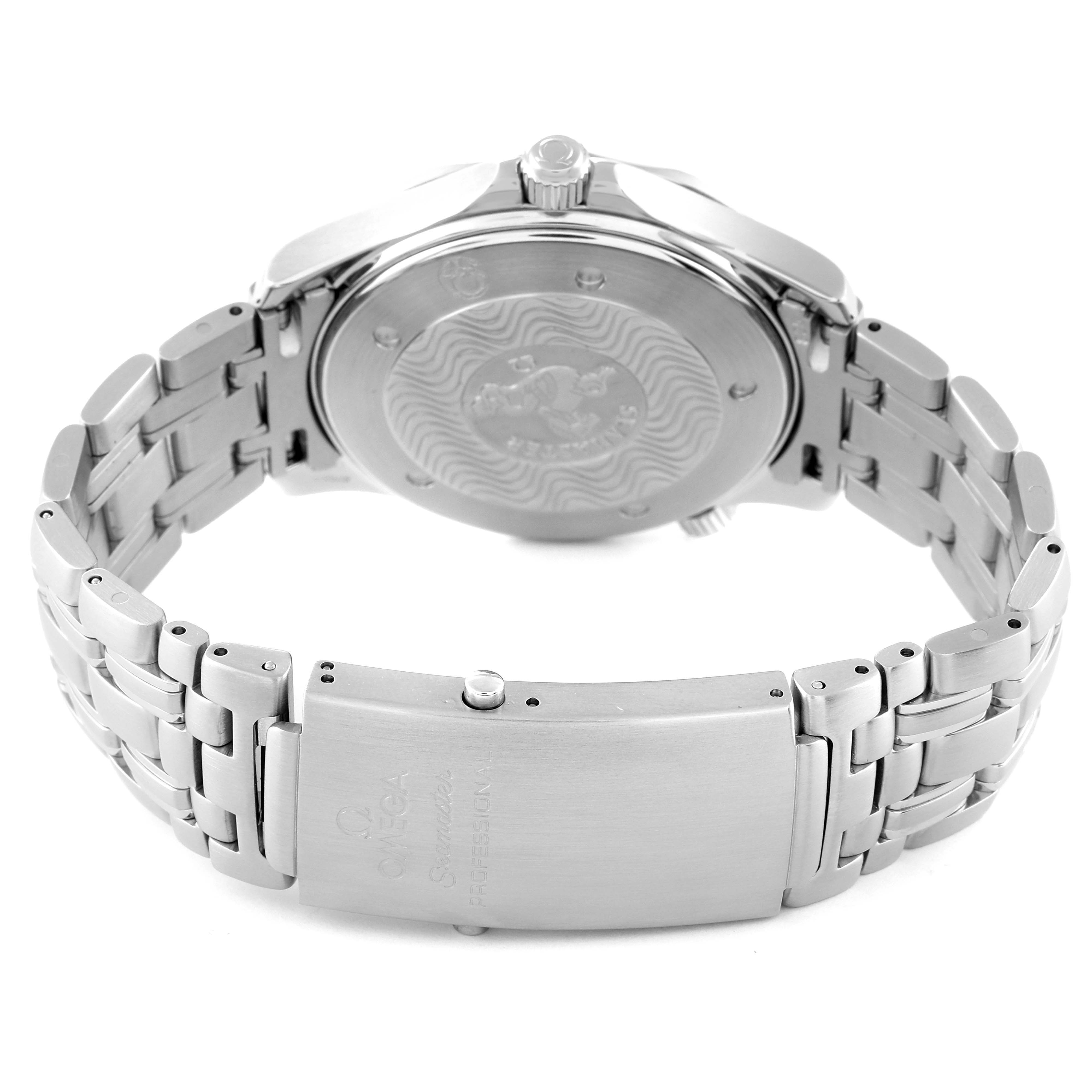 The image shows the back casing and bracelet clasp of an Omega Seamaster 2531.80.00 Men's Stainless Steel Blue Dial 2531.80.00 Men's Stainless Steel Blue Dial watch from a rear angle.