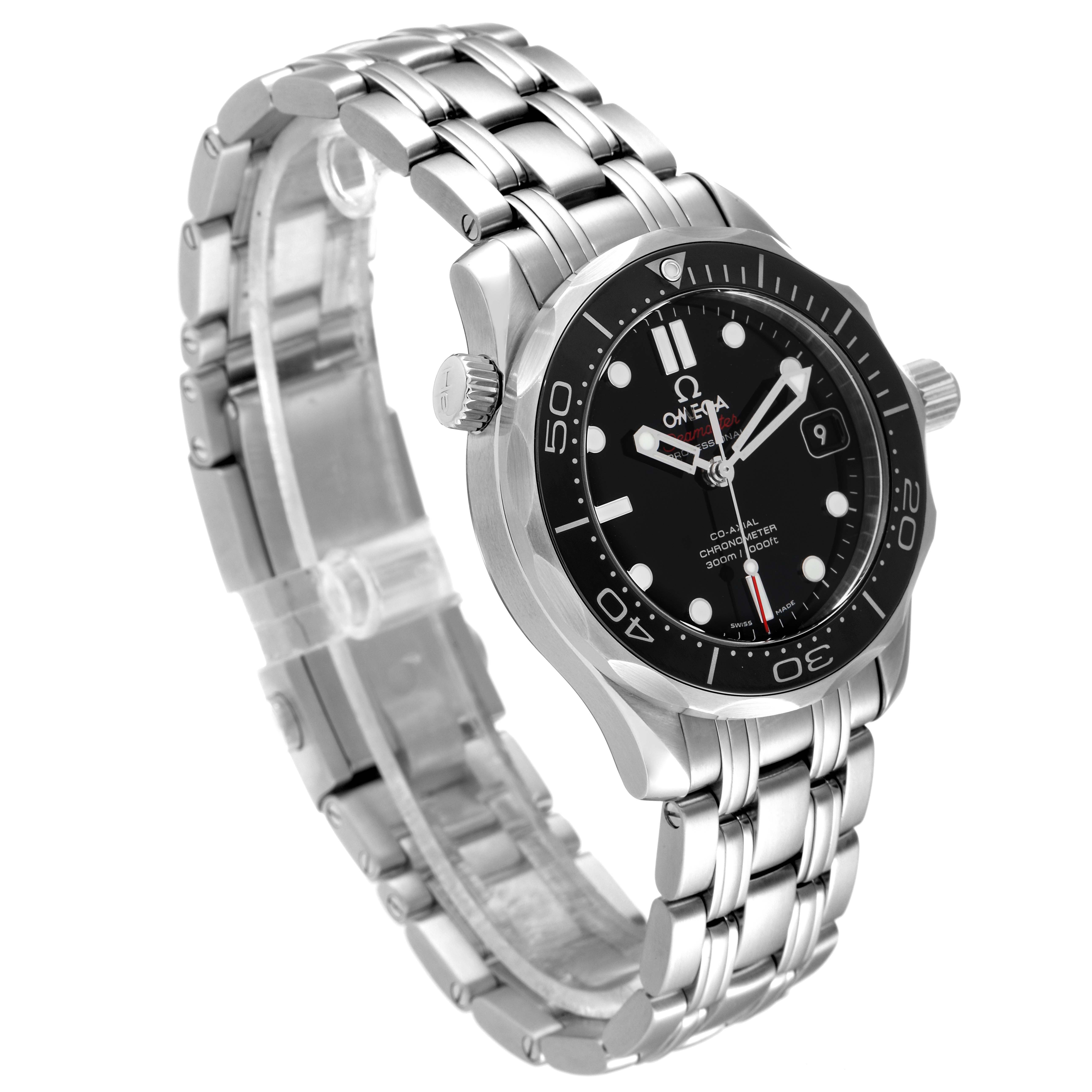 The Omega Seamaster 212.30.36.20.01.002 Men's Stainless Steel Black Dial 212.30.36.20.01.002 Men's Stainless Steel Black Dial watch is shown at an oblique angle, clearly displaying its stainless steel bracelet, black dial, and bezel.