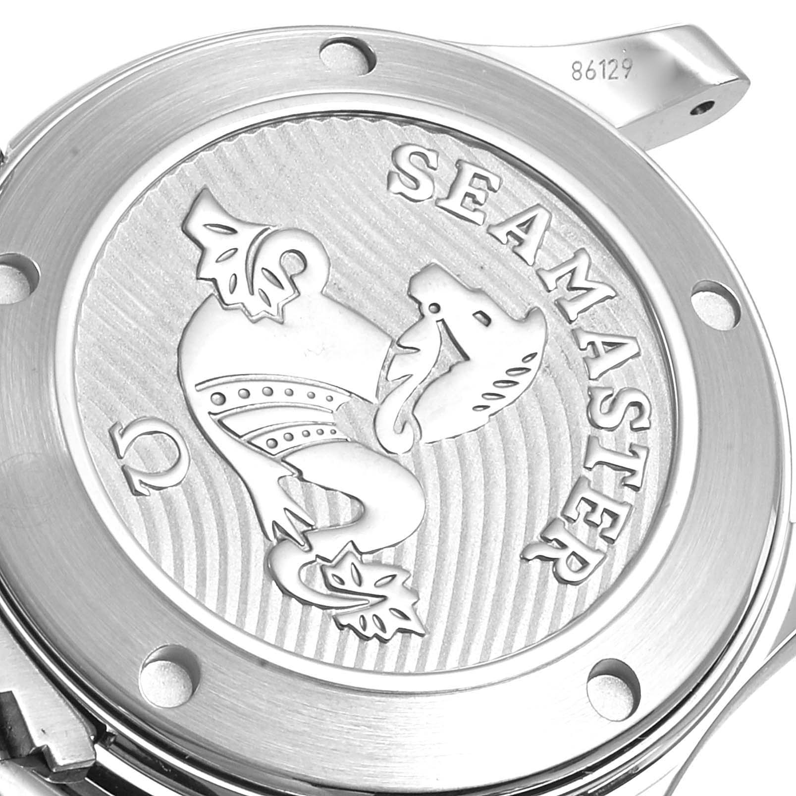 The image shows the back case of an Omega Seamaster 212.30.36.20.01.002 Men's Stainless Steel Black Dial 212.30.36.20.01.002 Men's Stainless Steel Black Dial watch featuring its engraved logo and branding.