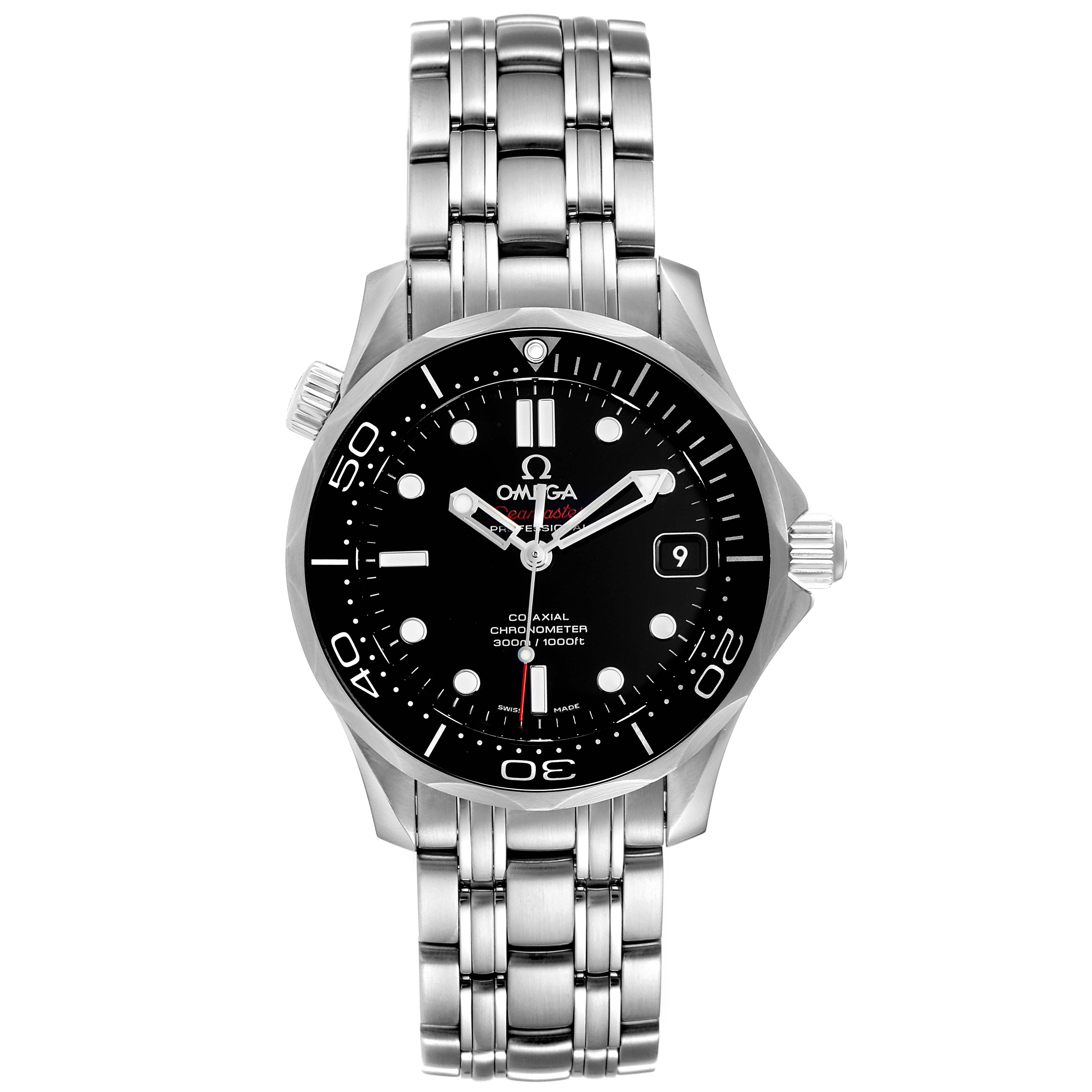 The image shows a frontal view of the Omega Seamaster 212.30.36.20.01.002 Men's Stainless Steel Black Dial 212.30.36.20.01.002 Men's Stainless Steel Black Dial watch, highlighting its face, bezel, crown, and bracelet.