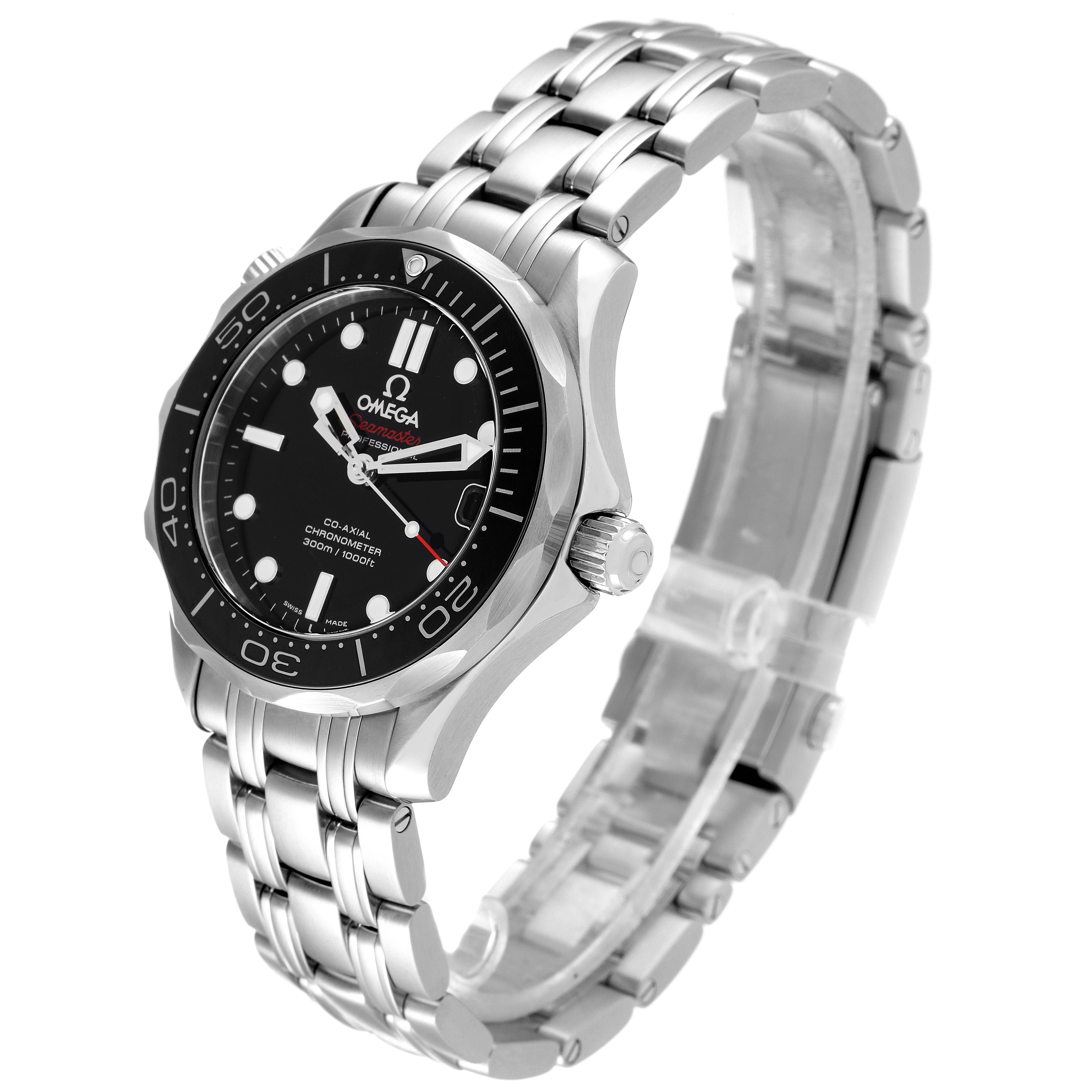 The Omega Seamaster 212.30.36.20.01.002 Men's Stainless Steel Black Dial 212.30.36.20.01.002 Men's Stainless Steel Black Dial watch is shown at an angle showcasing its face, bezel, crown, and stainless steel bracelet.