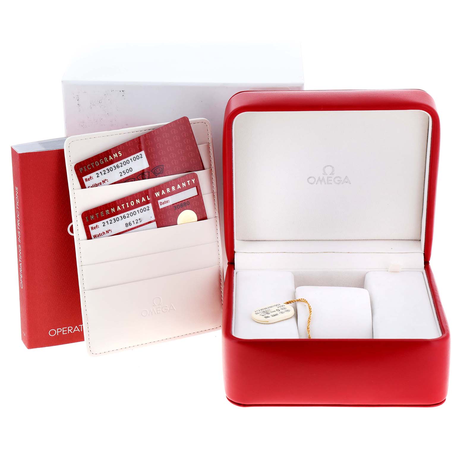 The image shows the Omega Seamaster 212.30.36.20.01.002 Men's Stainless Steel Black Dial 212.30.36.20.01.002 Men's Stainless Steel Black Dial watch box, warranty cards, operating instructions, and watch tag.