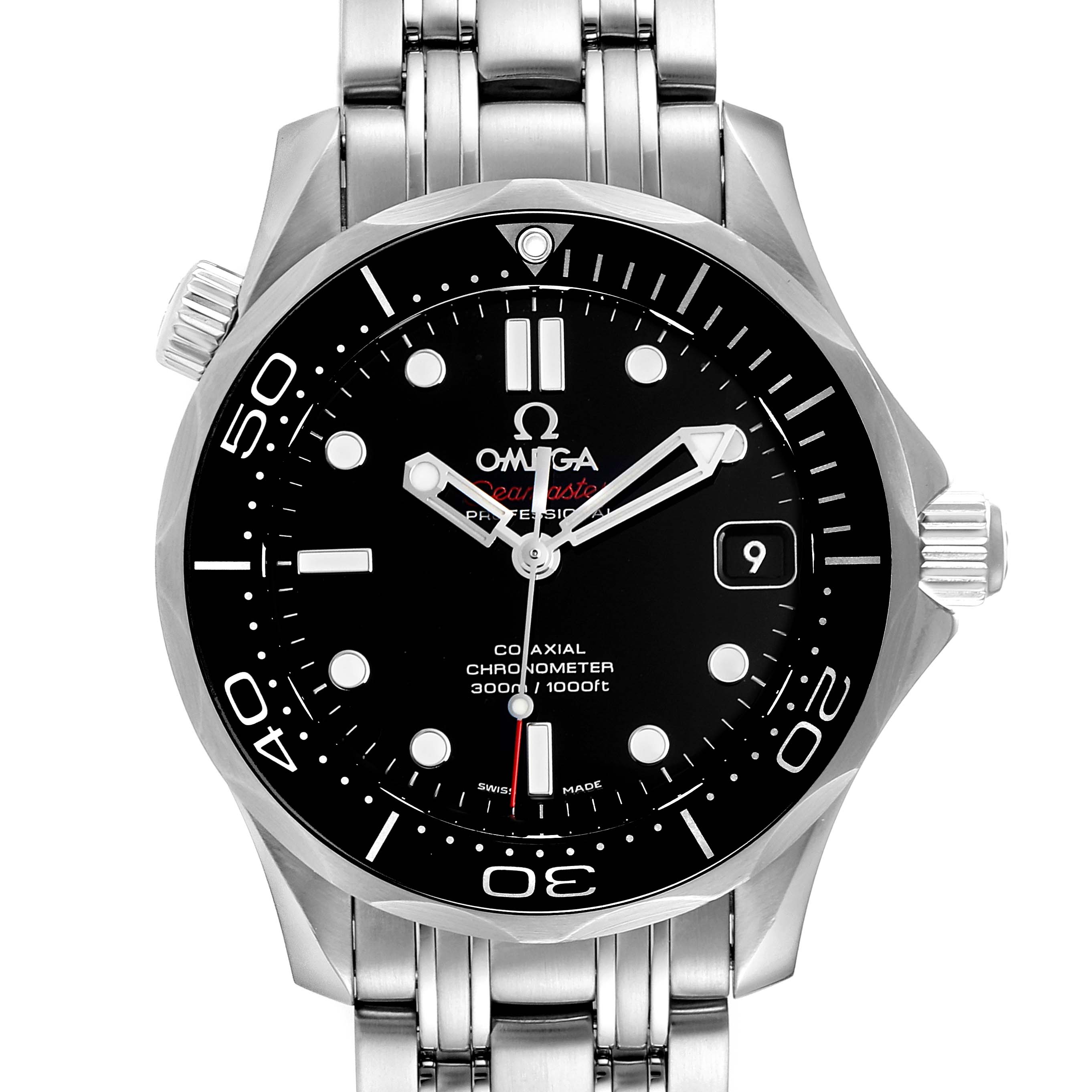 This image shows a front view of the Omega Seamaster 212.30.36.20.01.002 Men's Stainless Steel Black Dial 212.30.36.20.01.002 Men's Stainless Steel Black Dial watch, highlighting the dial, bezel, and bracelet.