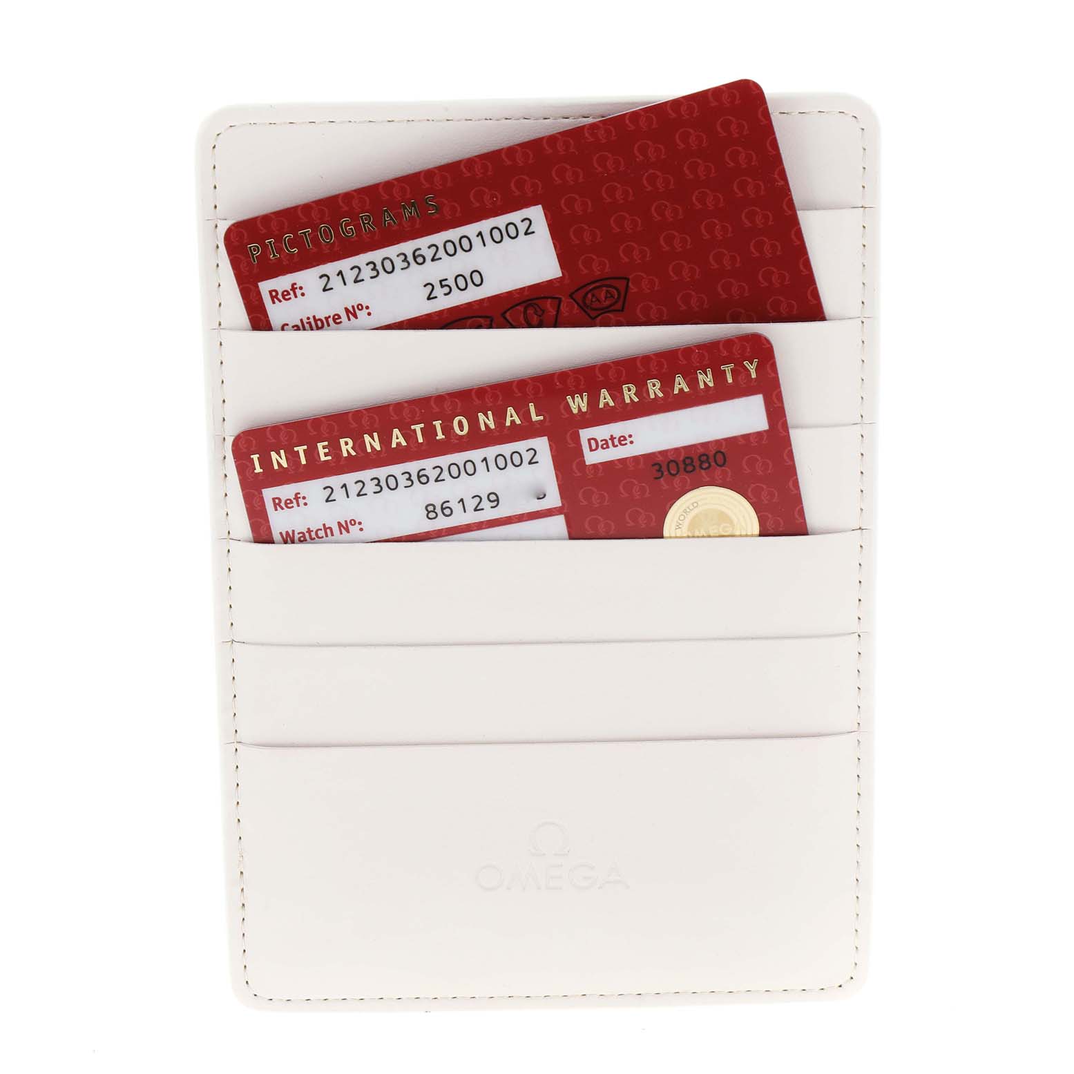 The image shows a white Omega cardholder containing the warranty and pictogram cards for the Omega Seamaster 212.30.36.20.01.002 Men's Stainless Steel Black Dial 212.30.36.20.01.002 Men's Stainless Steel Black Dial watch model.