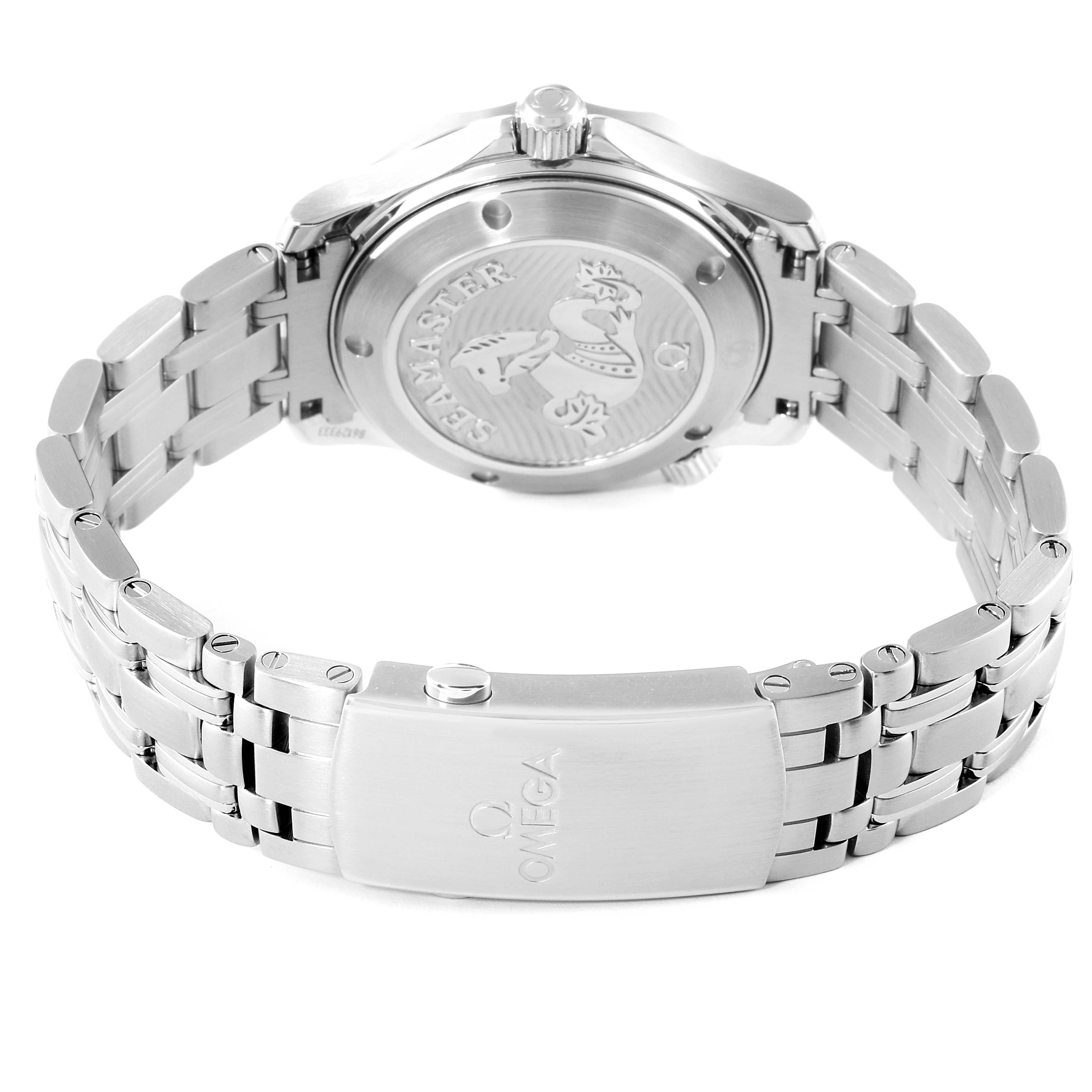 The image shows the back case and bracelet of an Omega Seamaster 212.30.36.20.01.002 Men's Stainless Steel Black Dial 212.30.36.20.01.002 Men's Stainless Steel Black Dial watch at an angle revealing the clasp and case back engraving.