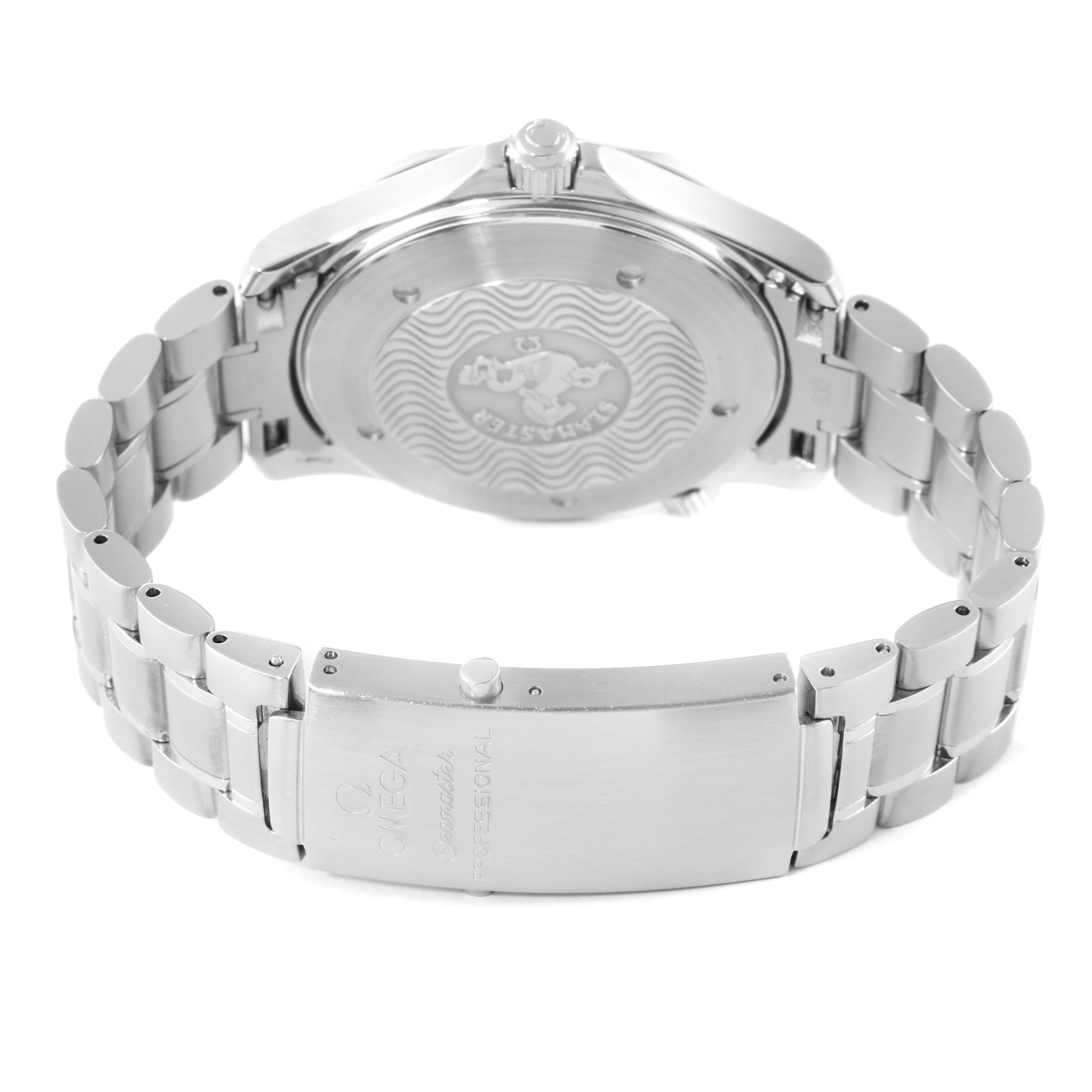 The image shows the back and bracelet of an Omega Seamaster 2254.50.00 Men's Stainless Steel Black Dial 2254.50.00 Men's Stainless Steel Black Dial watch, highlighting the clasp and case back design.