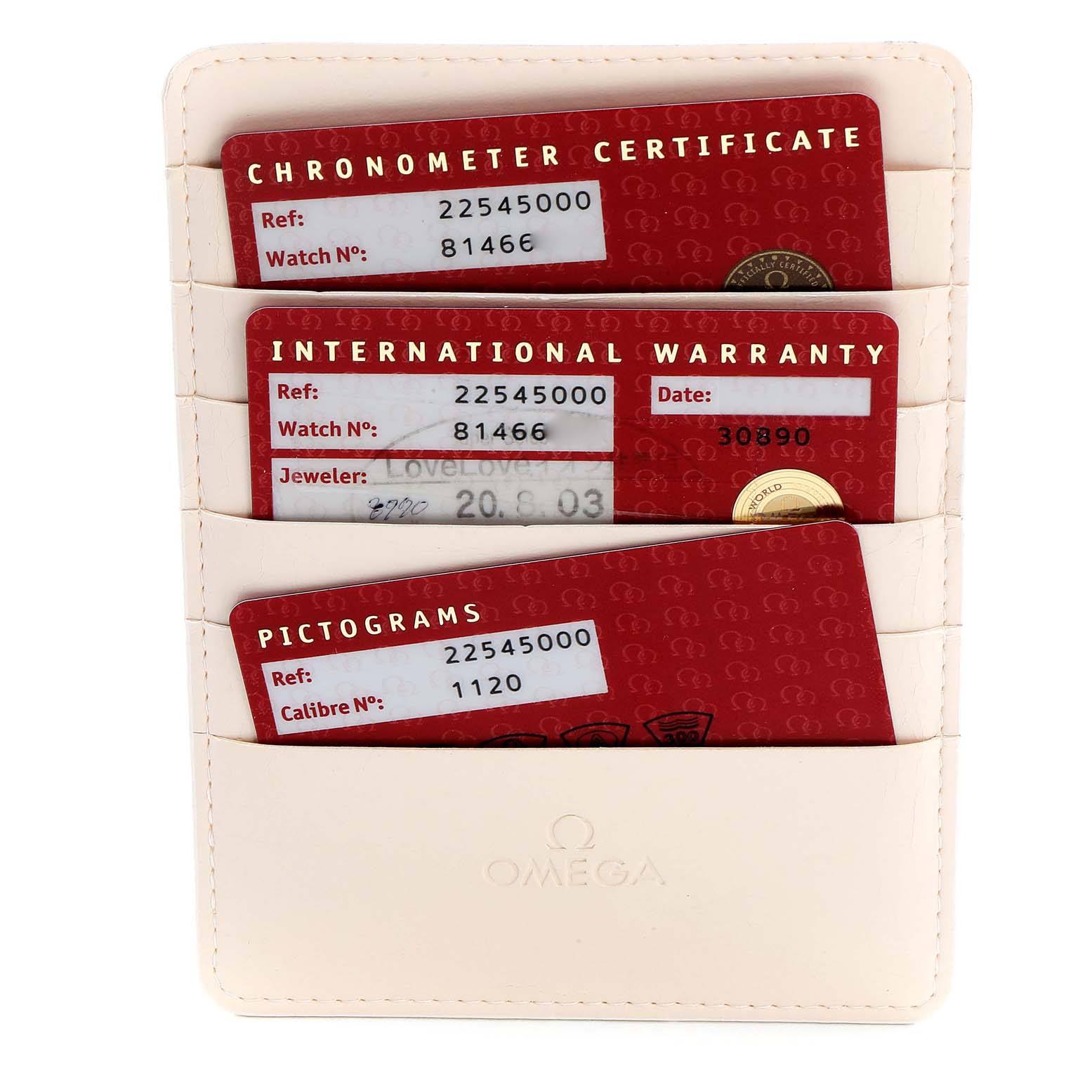 The image shows warranty cards for an Omega Seamaster 2254.50.00 Men's Stainless Steel Black Dial 2254.50.00 Men's Stainless Steel Black Dial watch, including a chronometer certificate and pictograms in a cardholder.