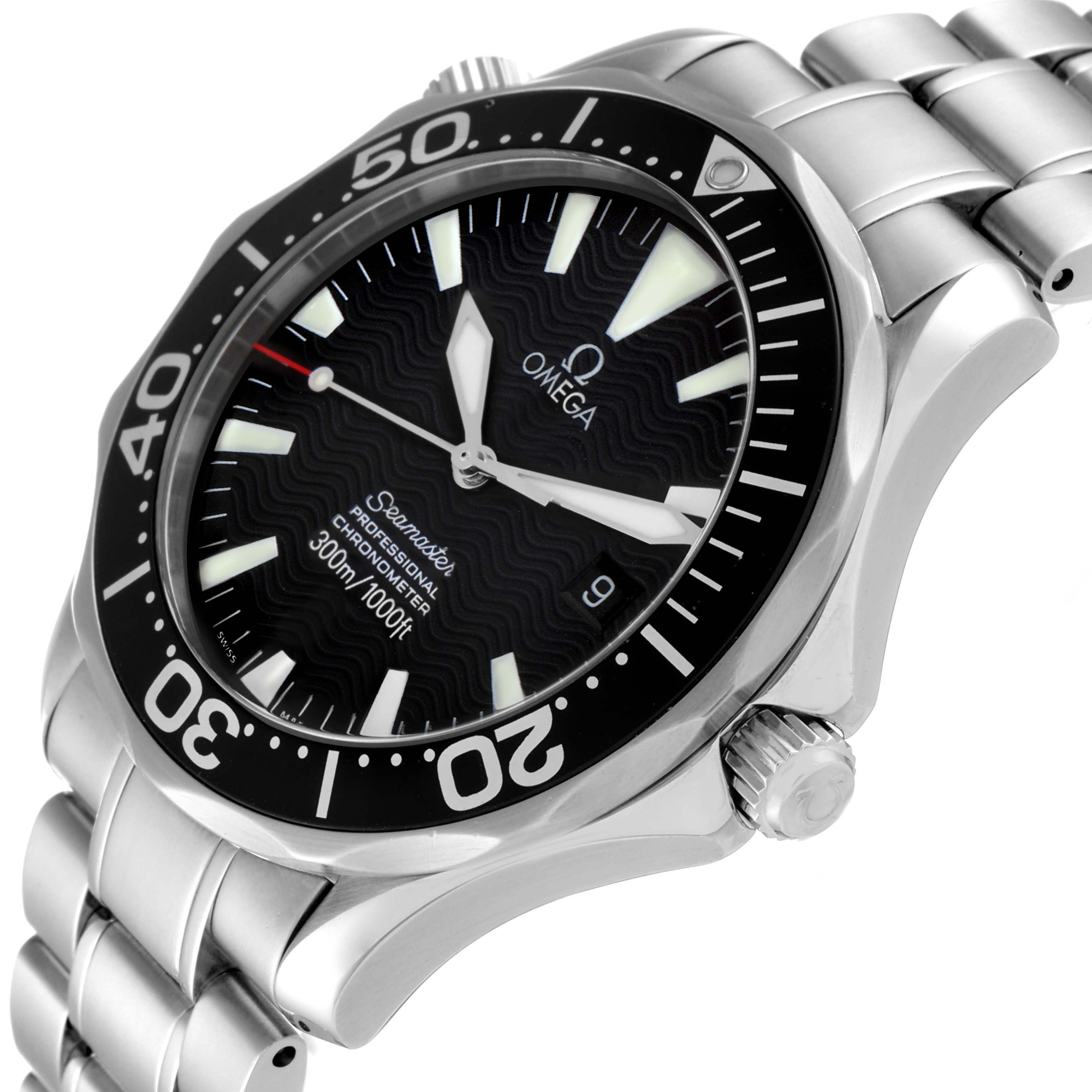 The image shows the Omega Seamaster 2254.50.00 Men's Stainless Steel Black Dial 2254.50.00 Men's Stainless Steel Black Dial watch at an angled close-up, highlighting the dial, bezel, crown, and part of the bracelet.