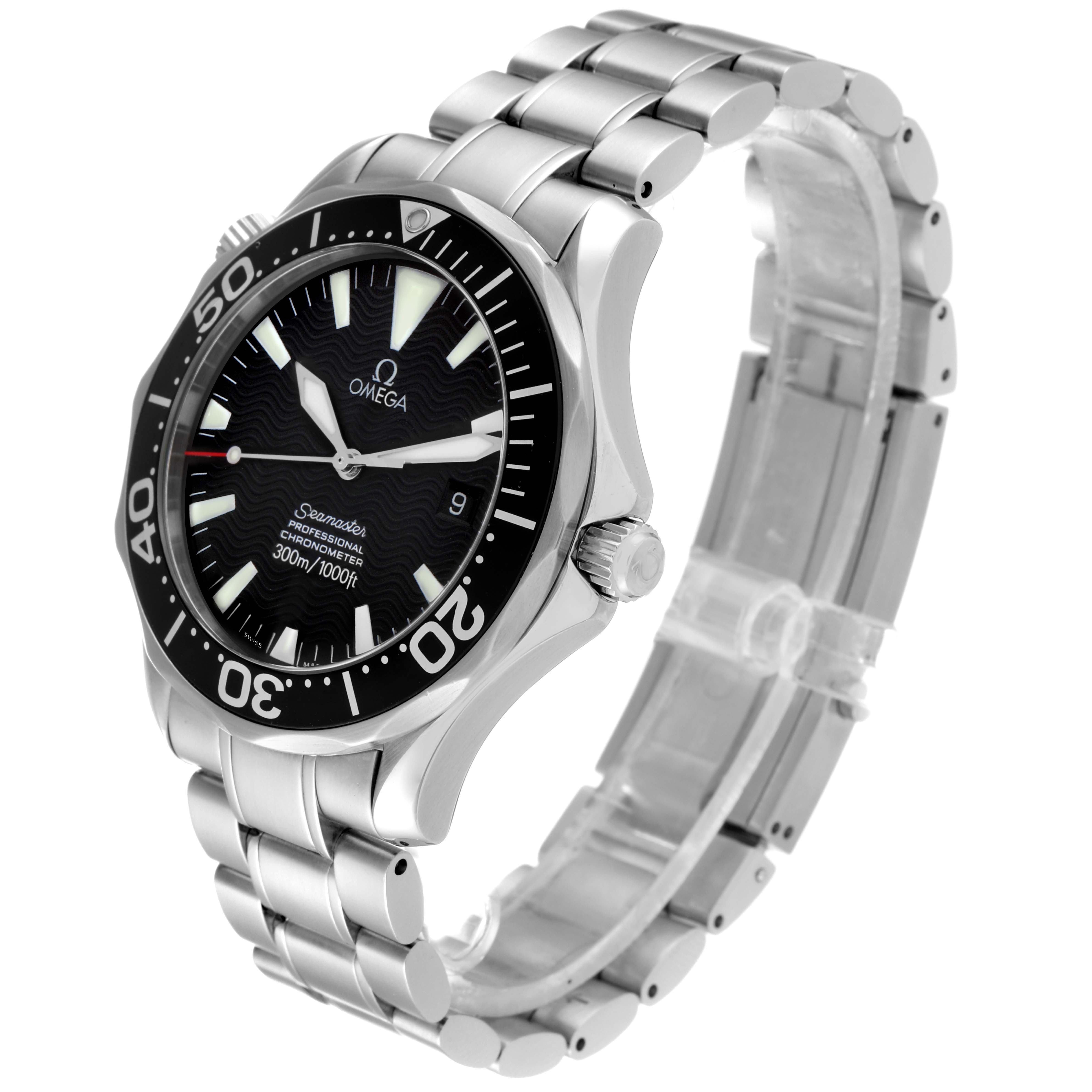 The image shows an Omega Seamaster 2254.50.00 Men's Stainless Steel Black Dial 2254.50.00 Men's Stainless Steel Black Dial watch at a front angle, highlighting its face, bezel, and stainless steel bracelet.