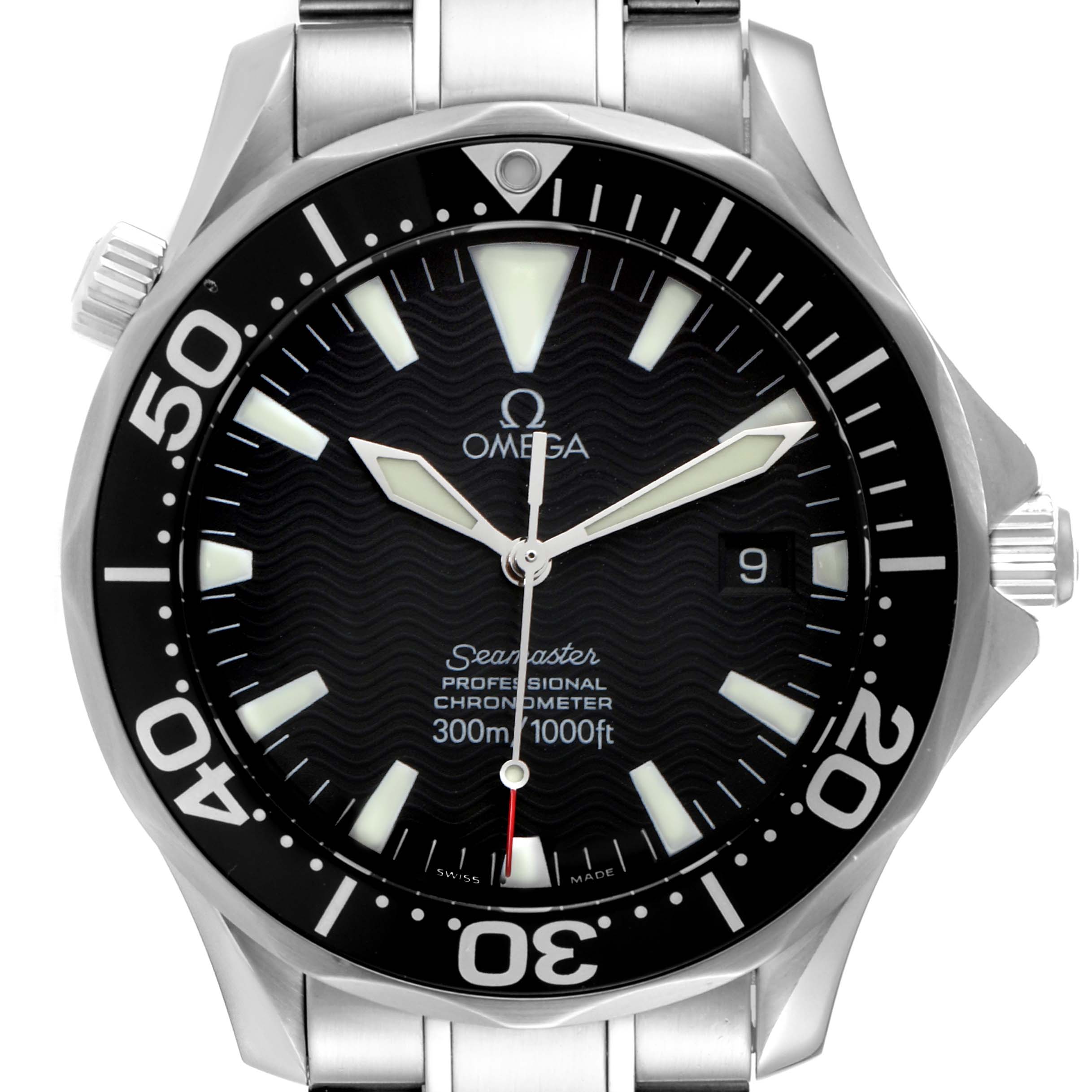 This image shows a front view of an Omega Seamaster 2254.50.00 Men's Stainless Steel Black Dial 2254.50.00 Men's Stainless Steel Black Dial watch, highlighting the dial, bezel, and part of the bracelet.