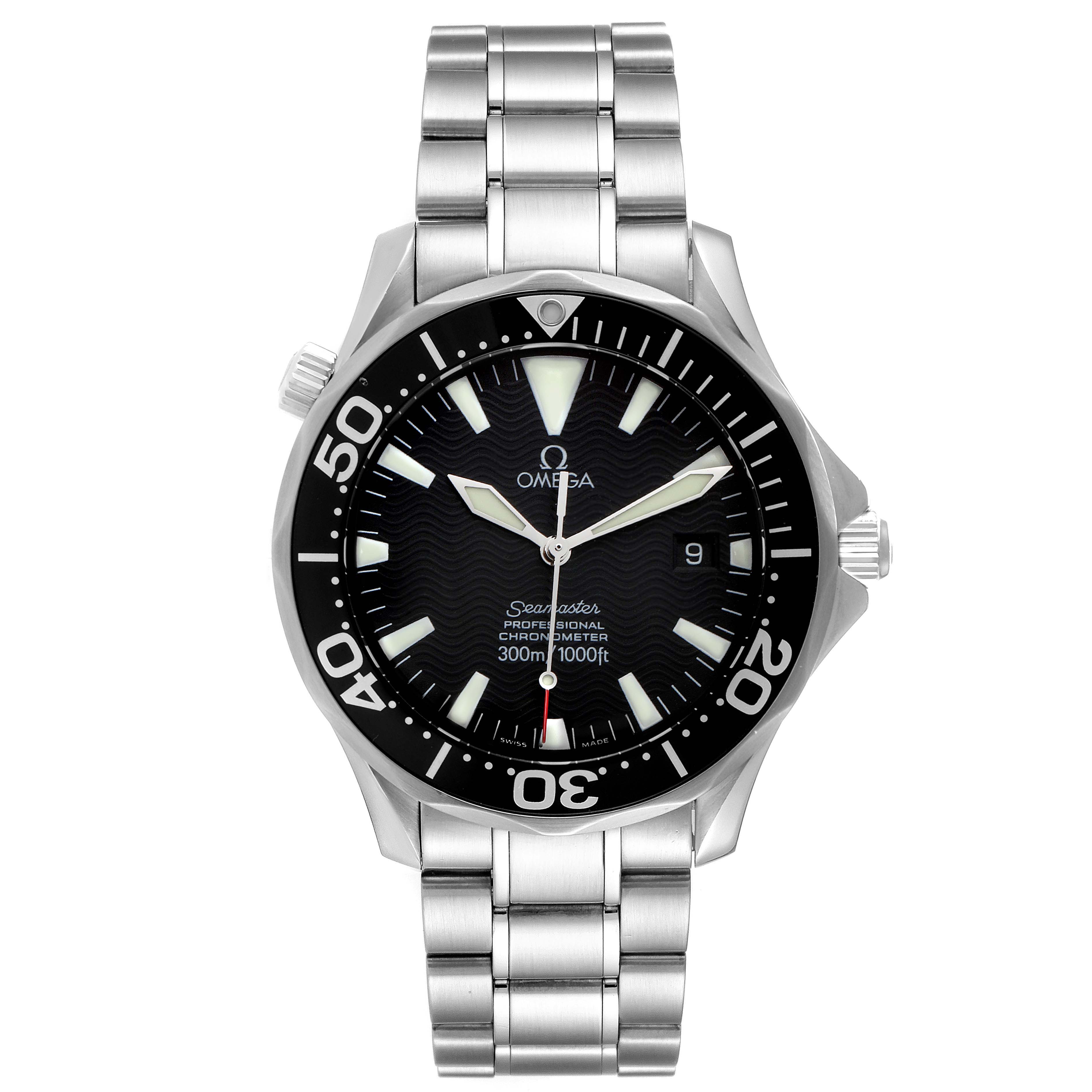 The image shows a front view of the Omega Seamaster 2254.50.00 Men's Stainless Steel Black Dial 2254.50.00 Men's Stainless Steel Black Dial watch with its black dial, stainless steel case, and bracelet.