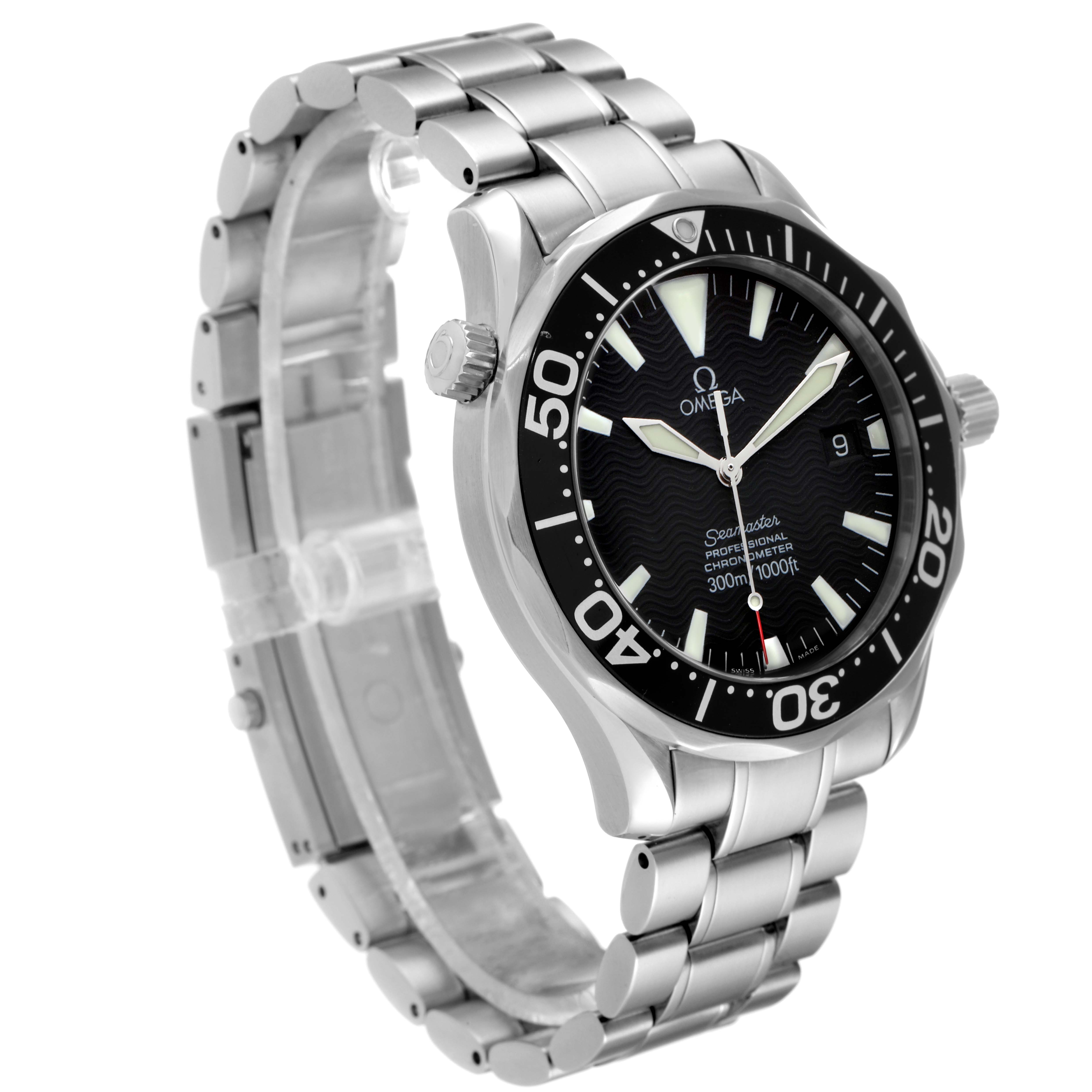 This image shows an Omega Seamaster 2254.50.00 Men's Stainless Steel Black Dial 2254.50.00 Men's Stainless Steel Black Dial watch at a three-quarter angle, highlighting the dial, bezel, crown, and bracelet.