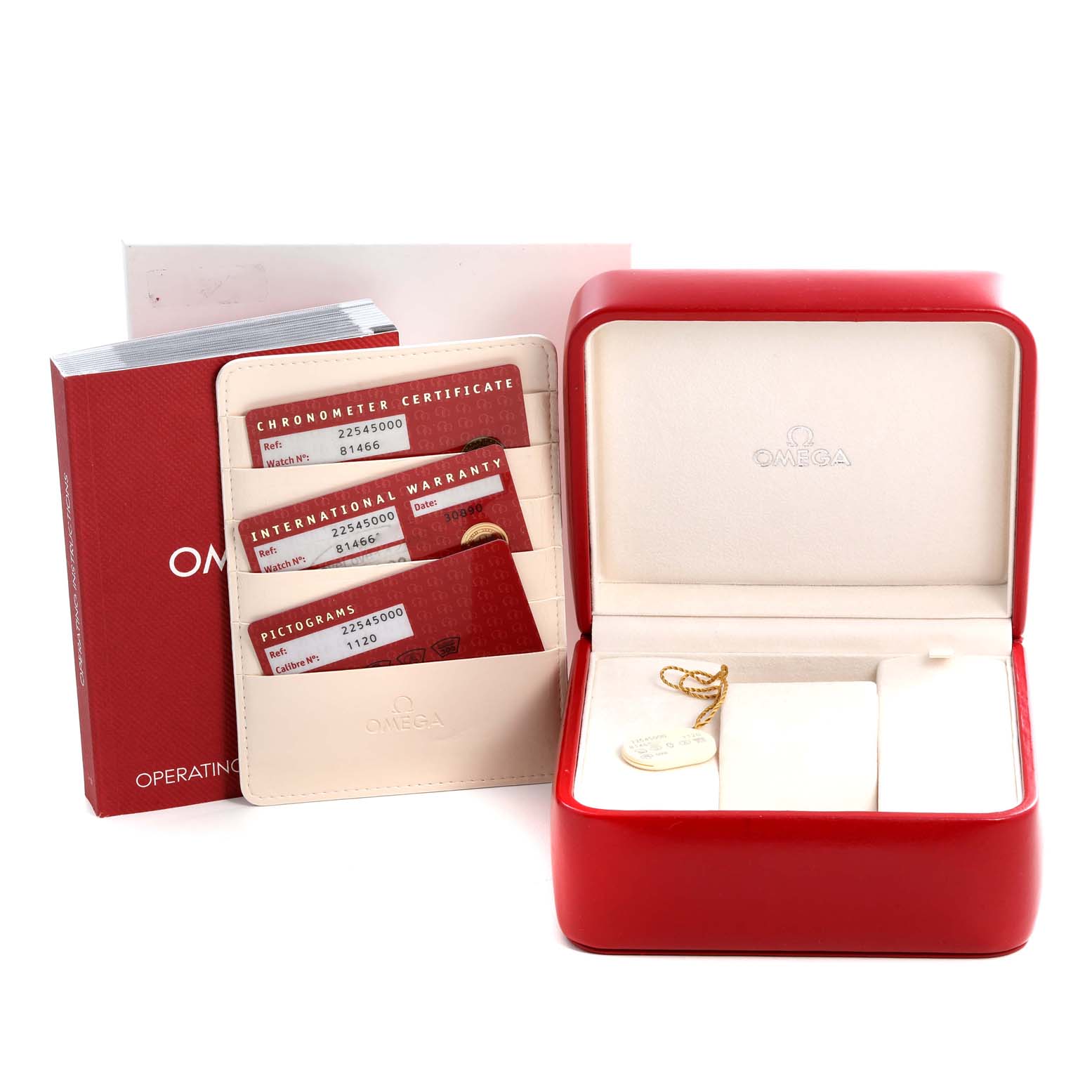 The image shows an Omega Seamaster 2254.50.00 Men's Stainless Steel Black Dial 2254.50.00 Men's Stainless Steel Black Dial watch box, warranty cards, and operating instructions viewed from the front.