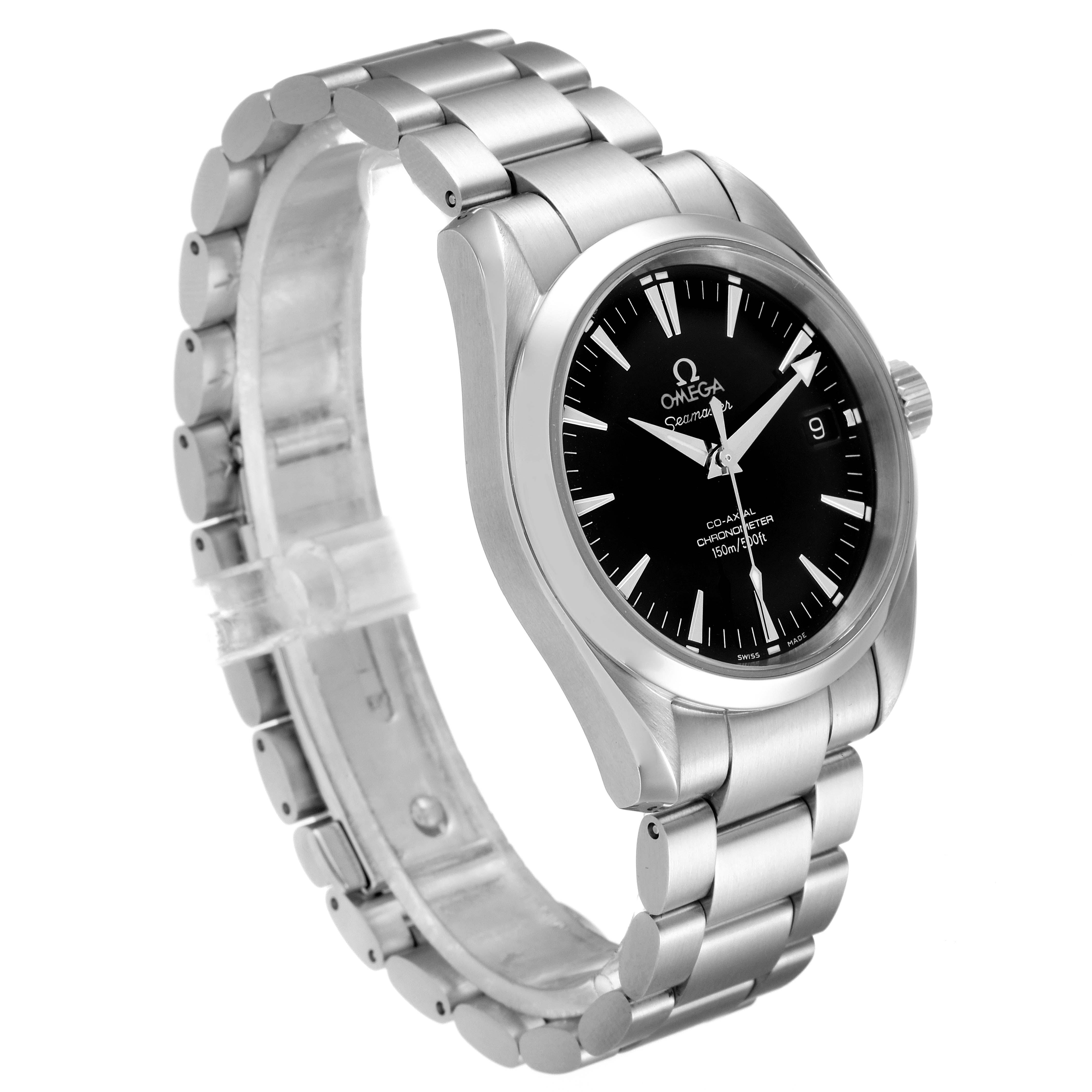 The Omega Aqua Terra 2504.50.00 Men's Stainless Steel Black Dial 2504.50.00 Men's Stainless Steel Black Dial watch is shown at a three-quarter angle, displaying the face, bezel, crown, and metal bracelet.