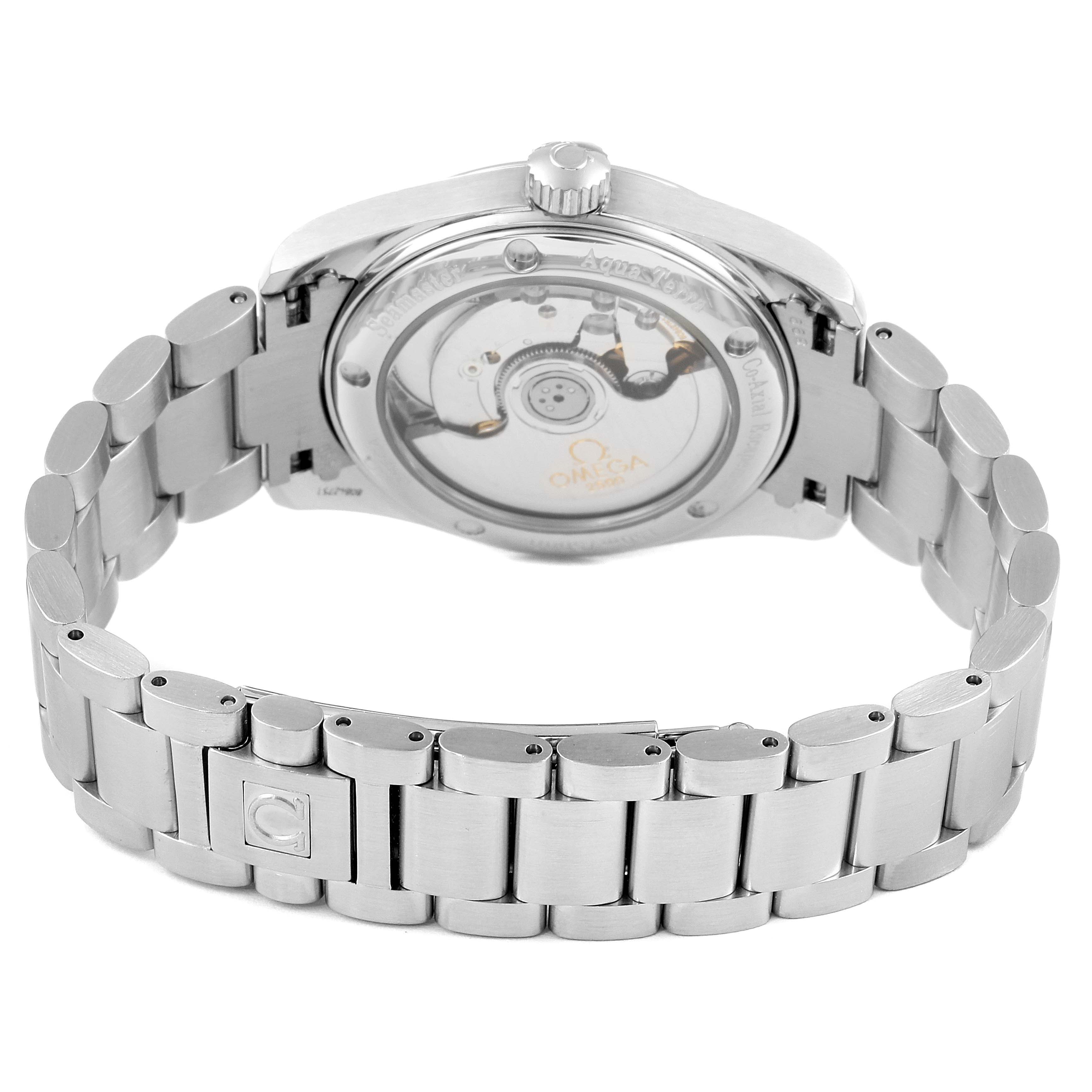 The image shows the back view of an Omega Aqua Terra 2504.50.00 Men's Stainless Steel Black Dial 2504.50.00 Men's Stainless Steel Black Dial watch, highlighting its bracelet and transparent case back.