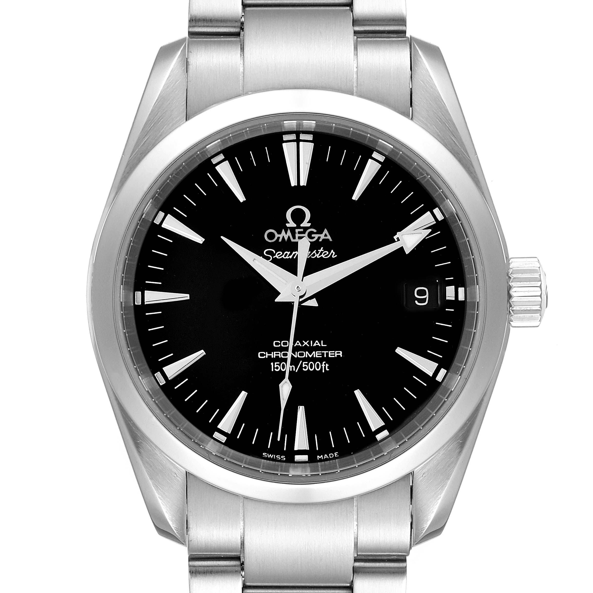 The image shows a frontal view of the Omega Seamaster Aqua Terra watch, highlighting its dial, hands, date window, and part of the bracelet.