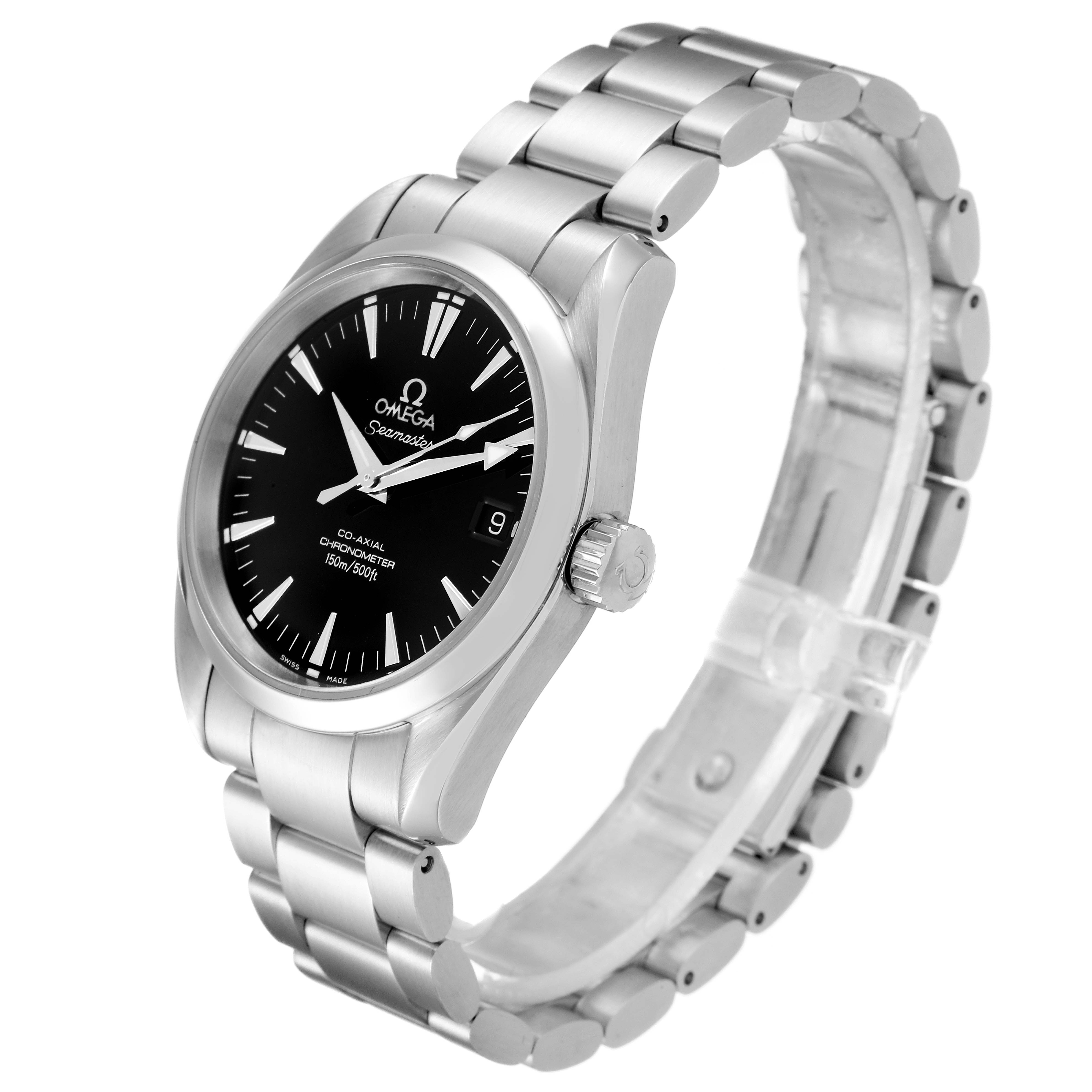 The image shows a side angle of an Omega Aqua Terra 2504.50.00 Men's Stainless Steel Black Dial 2504.50.00 Men's Stainless Steel Black Dial watch, highlighting its face, bezel, crown, and bracelet.