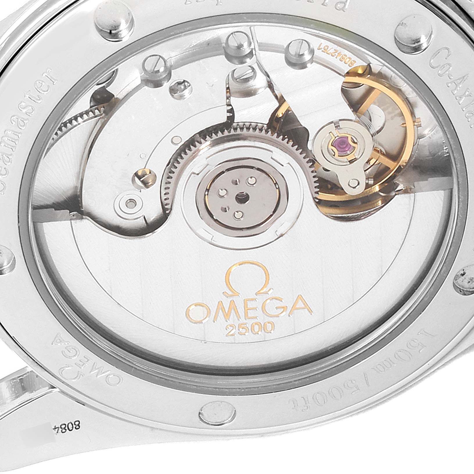 This image shows the back view of the Omega Aqua Terra 2504.50.00 Men's Stainless Steel Black Dial 2504.50.00 Men's Stainless Steel Black Dial watch, highlighting its exposed mechanical movement and intricate details.
