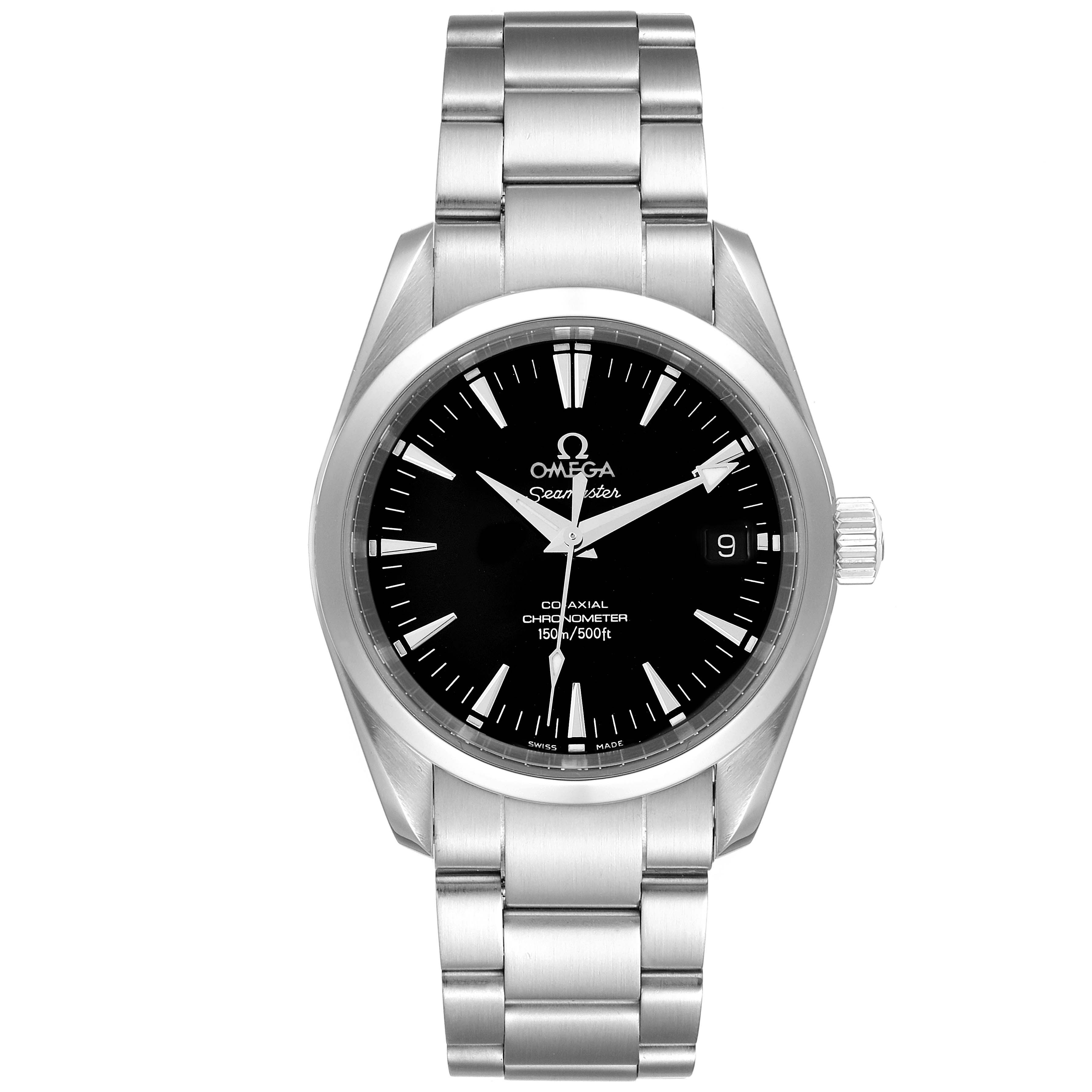 The image shows a front view of the Omega Aqua Terra 2504.50.00 Men's Stainless Steel Black Dial 2504.50.00 Men's Stainless Steel Black Dial watch, highlighting its black dial, stainless steel case, and bracelet.