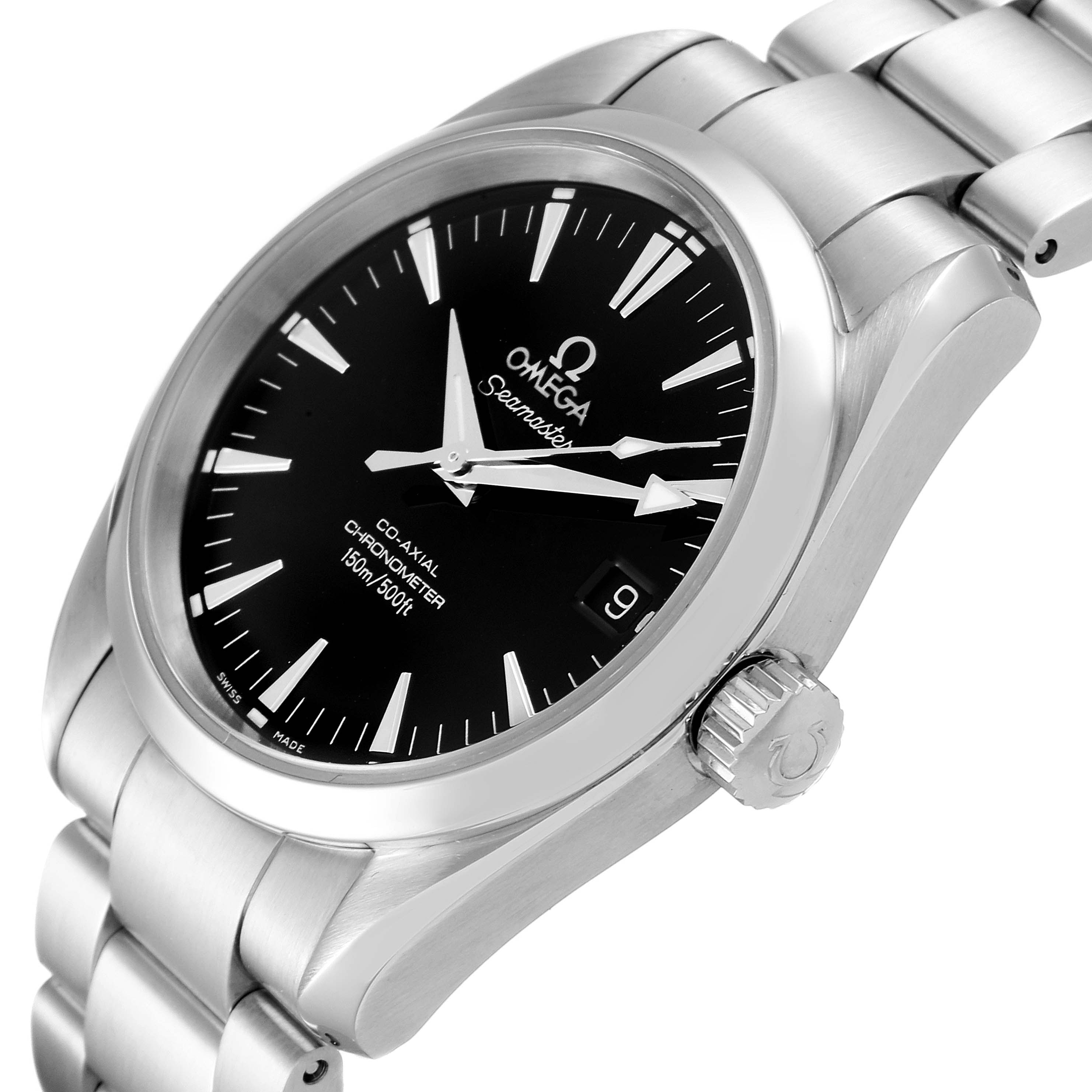 The image shows an angled close-up of the Omega Aqua Terra 2504.50.00 Men's Stainless Steel Black Dial 2504.50.00 Men's Stainless Steel Black Dial watch, highlighting the black dial, crown, and stainless steel bracelet.