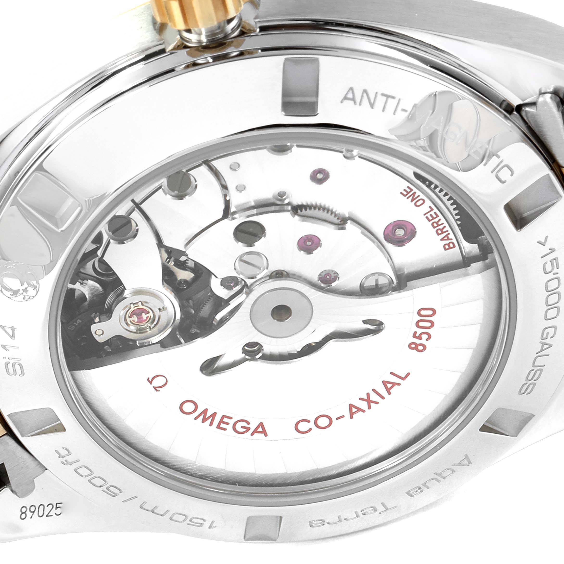 This image shows the back of the Omega Aqua Terra 231.20.42.21.08.001 Men's Steel and Gold (two tone) Champagne Dial 231.20.42.21.08.001 Men's Steel and Gold (two tone) Champagne Dial watch, highlighting its Co-Axial 8500 movement.