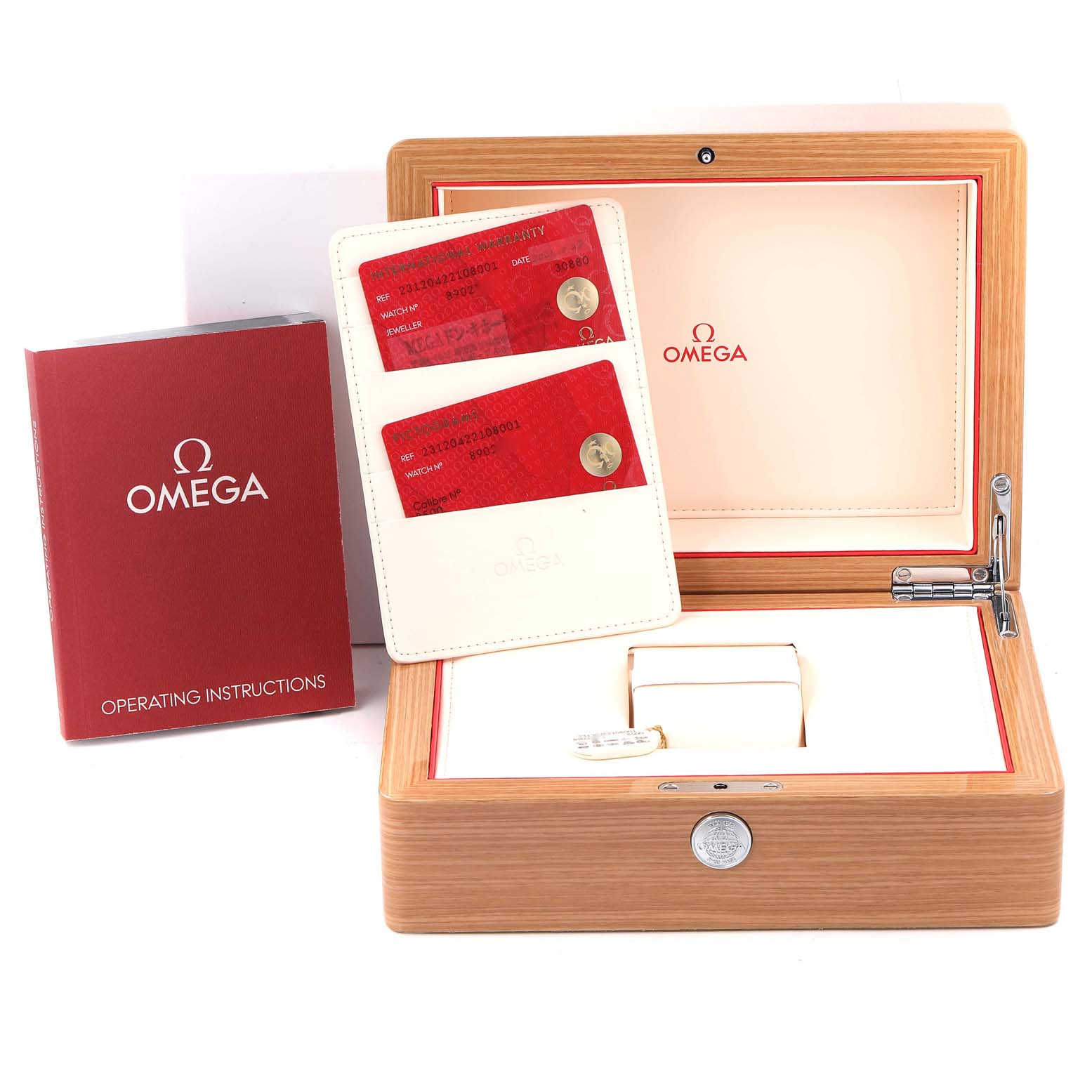 The image shows the packaging, operating instructions, and authenticity cards for an Omega Aqua Terra 231.20.42.21.08.001 Men's Steel and Gold (two tone) Champagne Dial 231.20.42.21.08.001 Men's Steel and Gold (two tone) Champagne Dial watch.