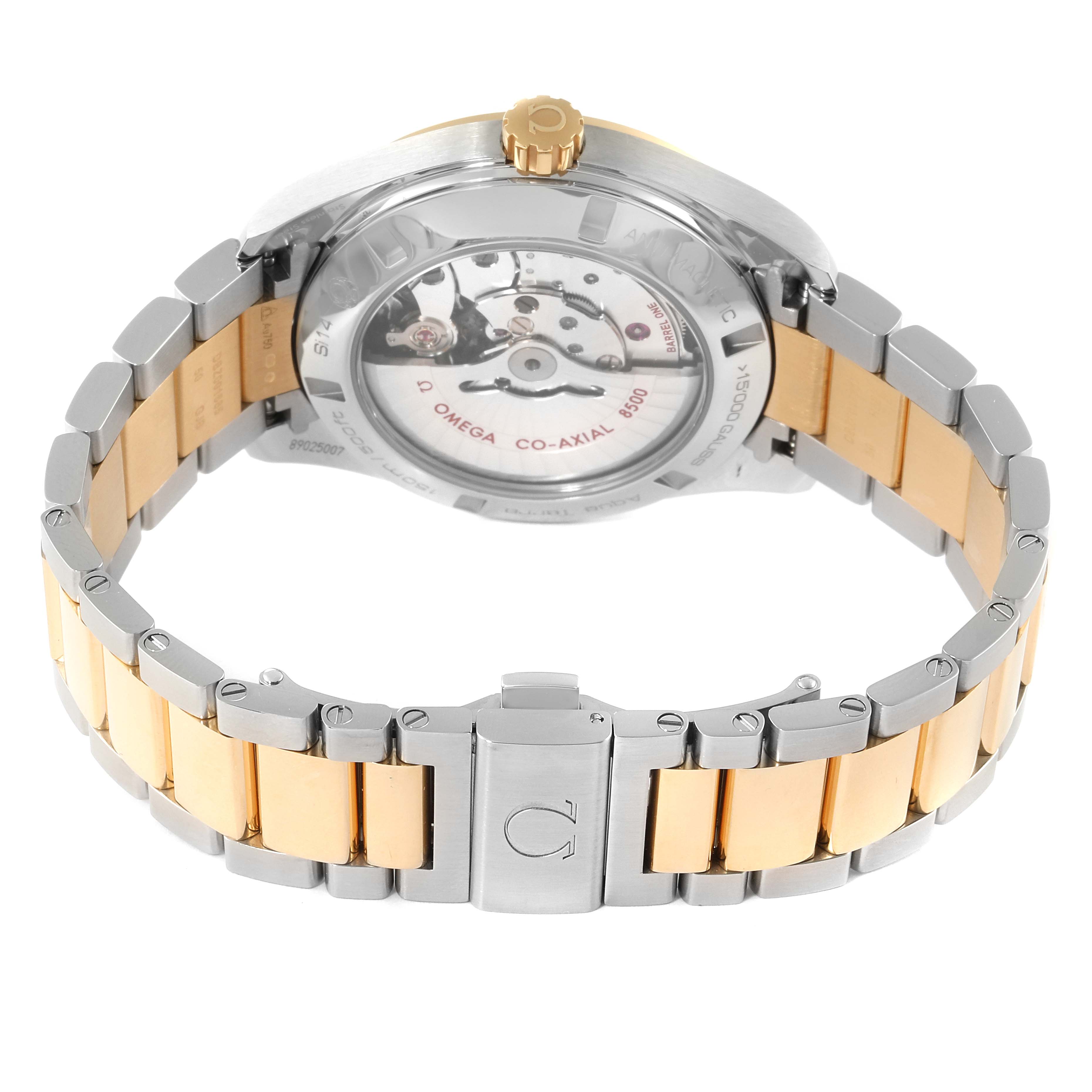 This Omega Aqua Terra 231.20.42.21.08.001 Men's Steel and Gold (two tone) Champagne Dial 231.20.42.21.08.001 Men's Steel and Gold (two tone) Champagne Dial watch is shown from a rear angle, highlighting its bracelet and transparent case back, revealing the movement.