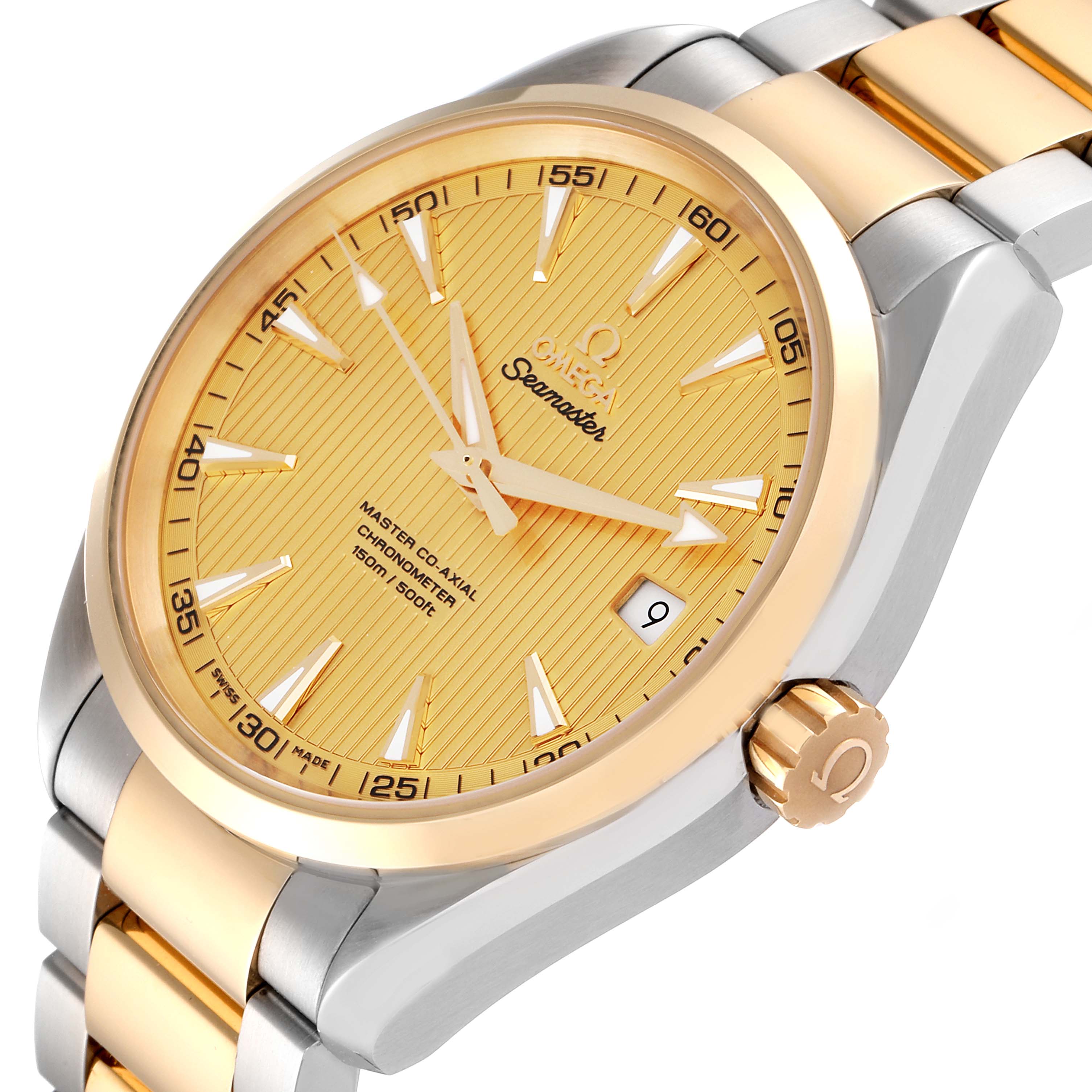 The image shows an Omega Aqua Terra 231.20.42.21.08.001 Men's Steel and Gold (two tone) Champagne Dial 231.20.42.21.08.001 Men's Steel and Gold (two tone) Champagne Dial watch at an angled side view, highlighting the gold dial, bezel, and two-tone bracelet.