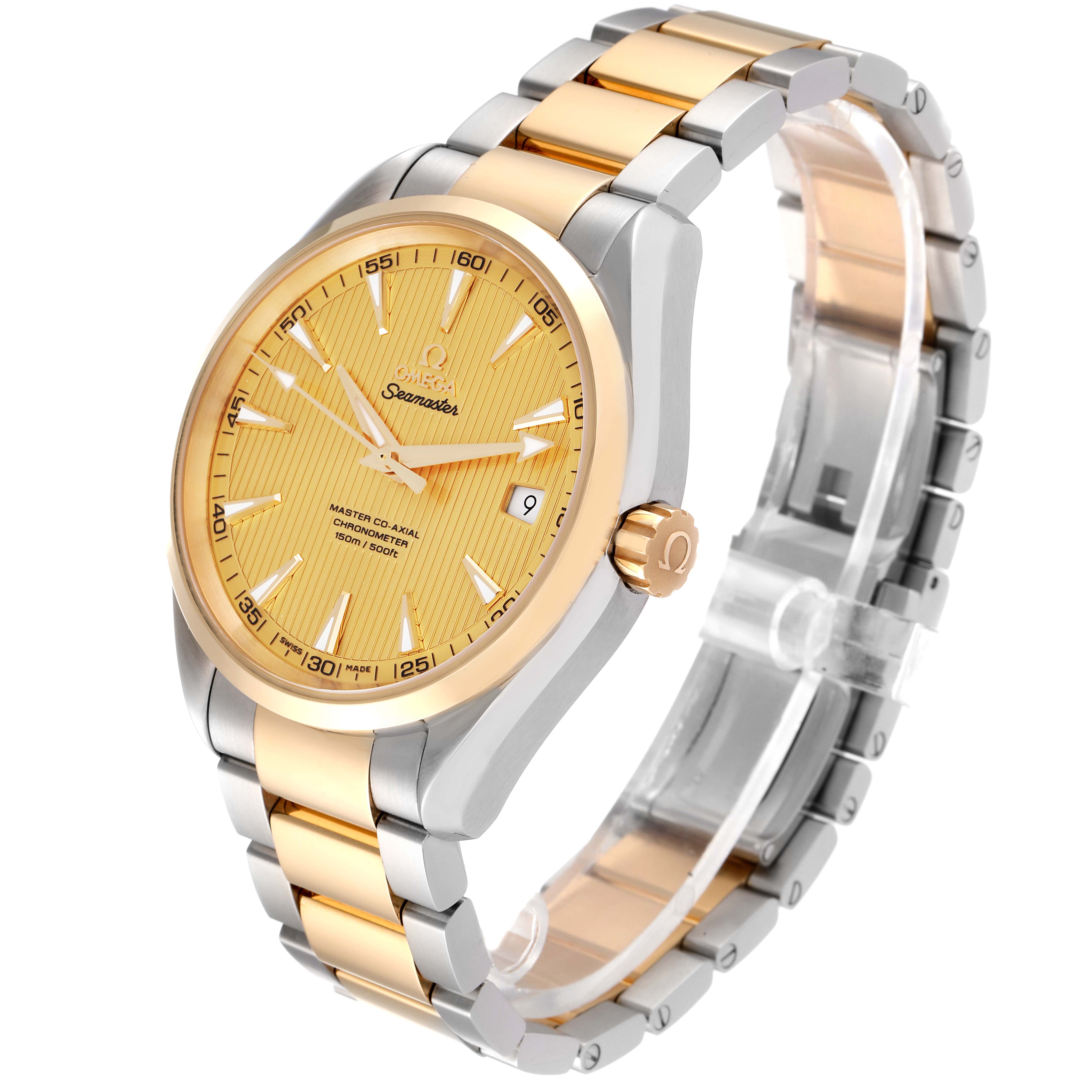 The Omega Aqua Terra 231.20.42.21.08.001 Men's Steel and Gold (two tone) Champagne Dial 231.20.42.21.08.001 Men's Steel and Gold (two tone) Champagne Dial watch is shown at a three-quarter angle, displaying its front, side, and bracelet.
