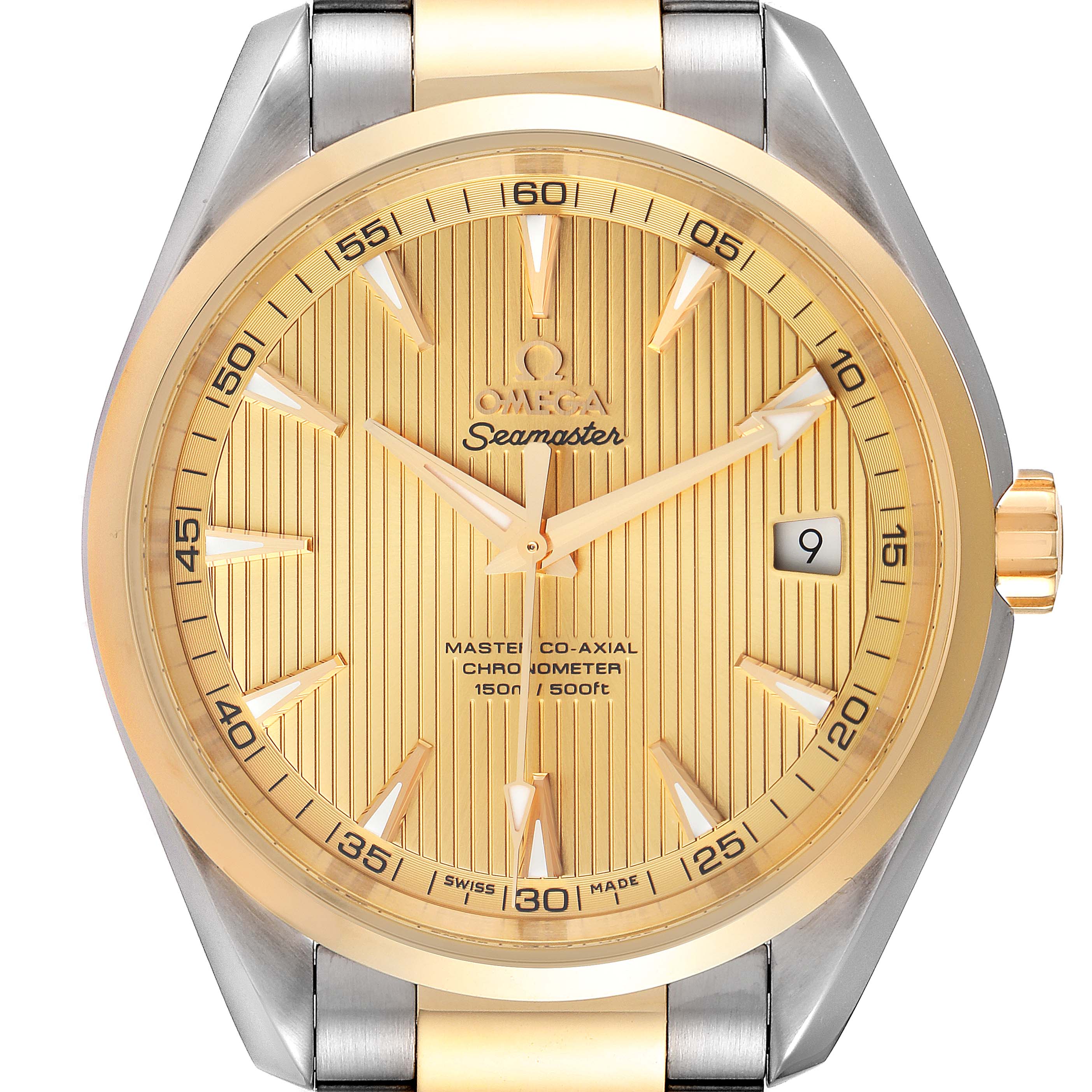 The image shows the front view of the Omega Aqua Terra 231.20.42.21.08.001 Men's Steel and Gold (two tone) Champagne Dial 231.20.42.21.08.001 Men's Steel and Gold (two tone) Champagne Dial watch, highlighting the dial, hands, date, and part of the bracelet.