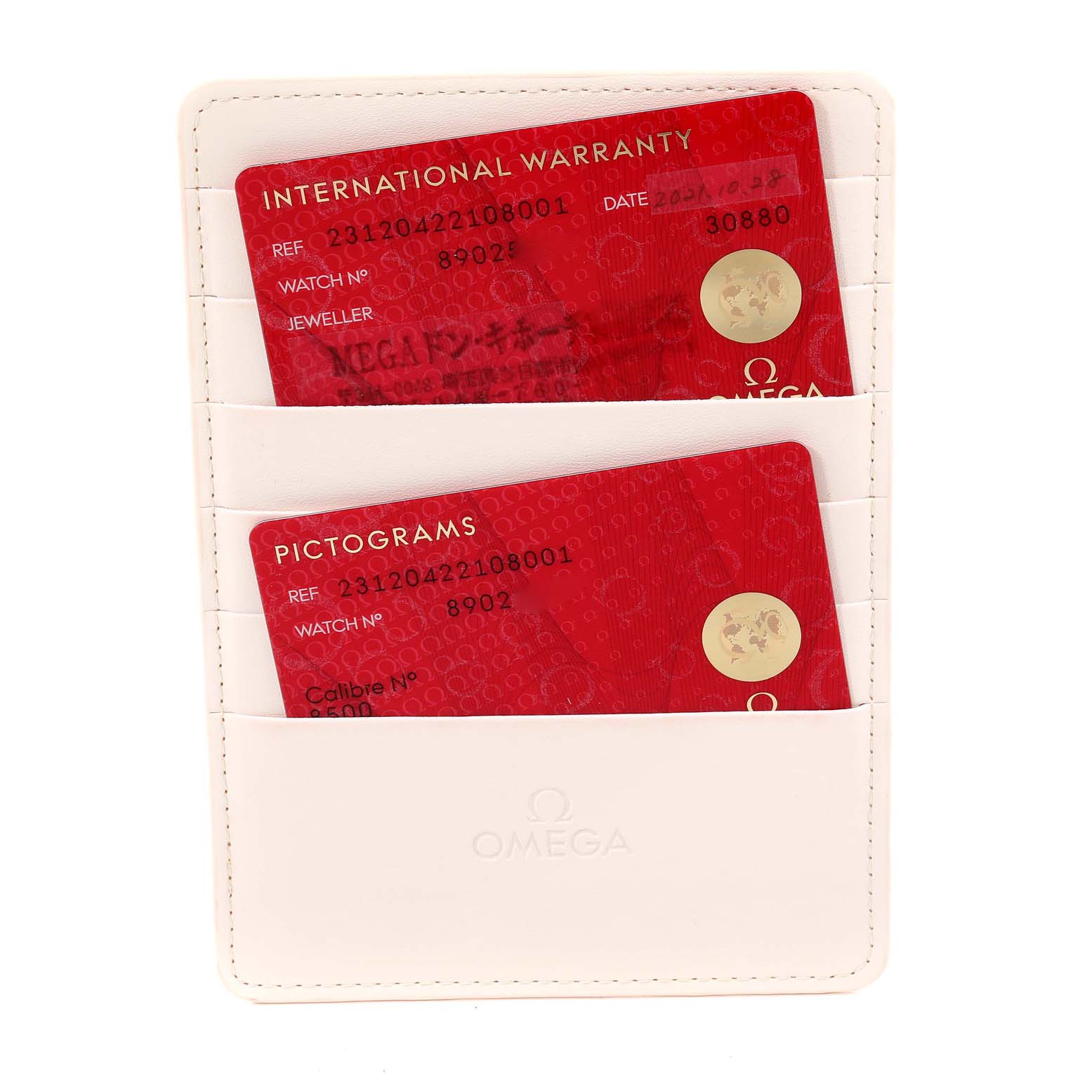 This image shows the International Warranty and Pictograms cards for an Omega Aqua Terra 231.20.42.21.08.001 Men's Steel and Gold (two tone) Champagne Dial 231.20.42.21.08.001 Men's Steel and Gold (two tone) Champagne Dial watch in a white cardholder.