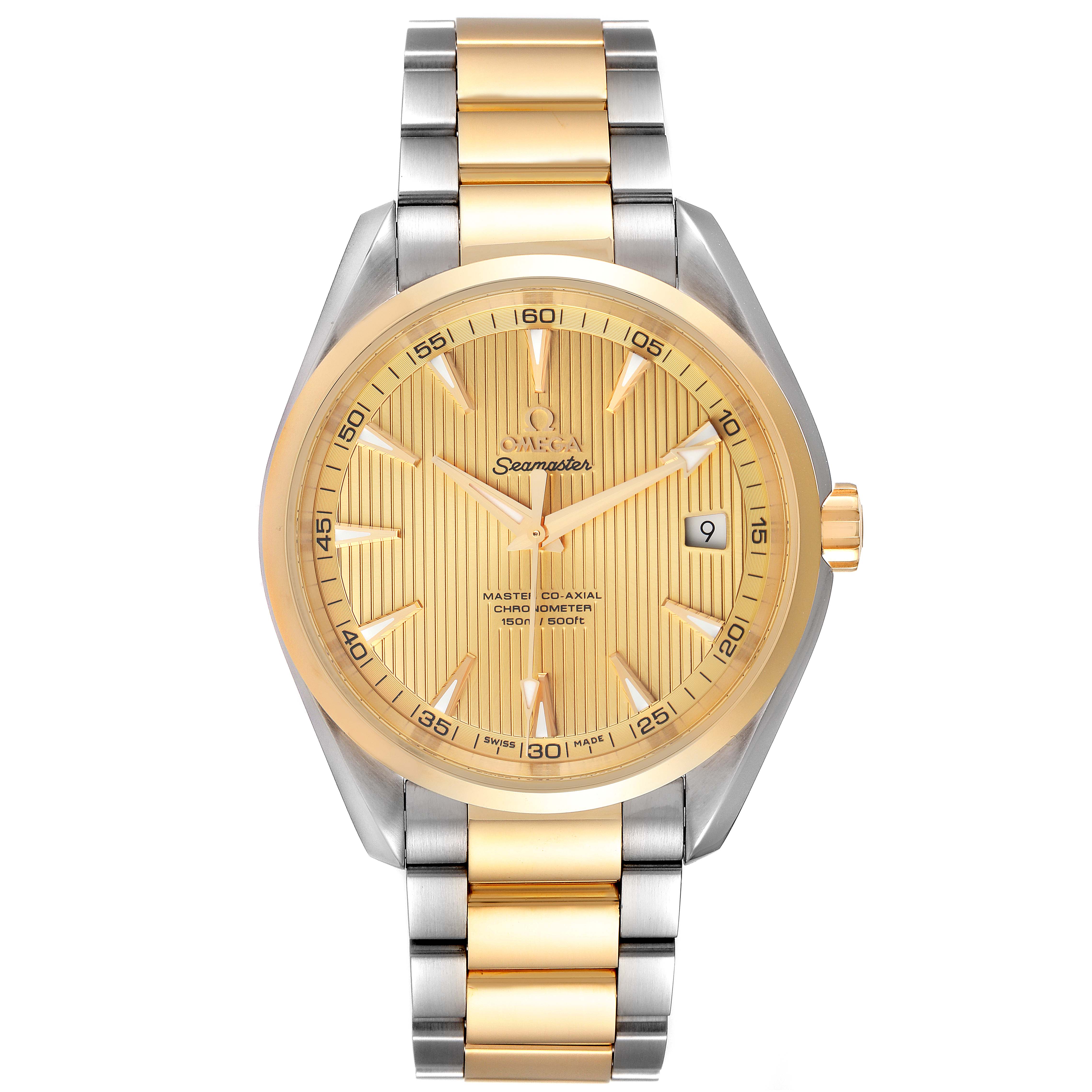 The image shows a frontal view of an Omega Aqua Terra 231.20.42.21.08.001 Men's Steel and Gold (two tone) Champagne Dial 231.20.42.21.08.001 Men's Steel and Gold (two tone) Champagne Dial watch, highlighting its gold-toned dial and two-tone bracelet.
