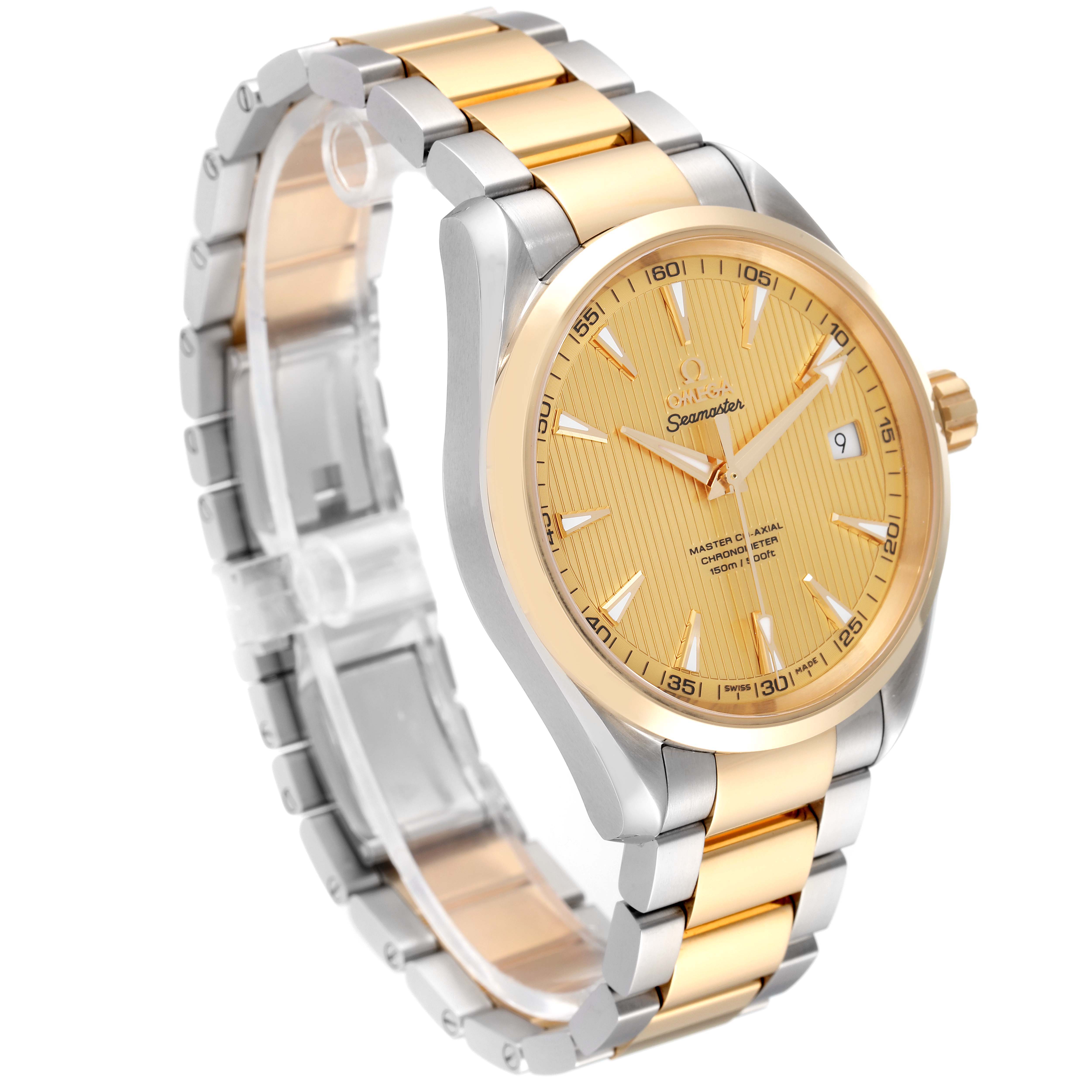 The image shows an Omega Aqua Terra 231.20.42.21.08.001 Men's Steel and Gold (two tone) Champagne Dial 231.20.42.21.08.001 Men's Steel and Gold (two tone) Champagne Dial watch angled to display its gold dial, two-tone bracelet, and side crown.